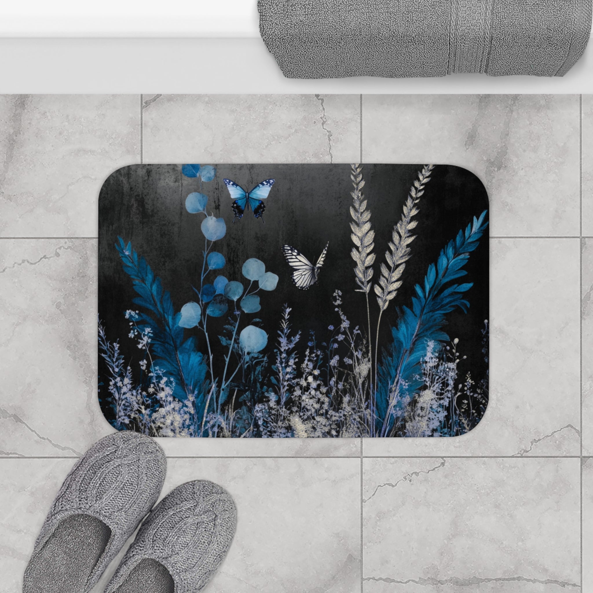 Abstract Bath Mat | Grey Blue Butterflies Watercolor Kitchen Mat