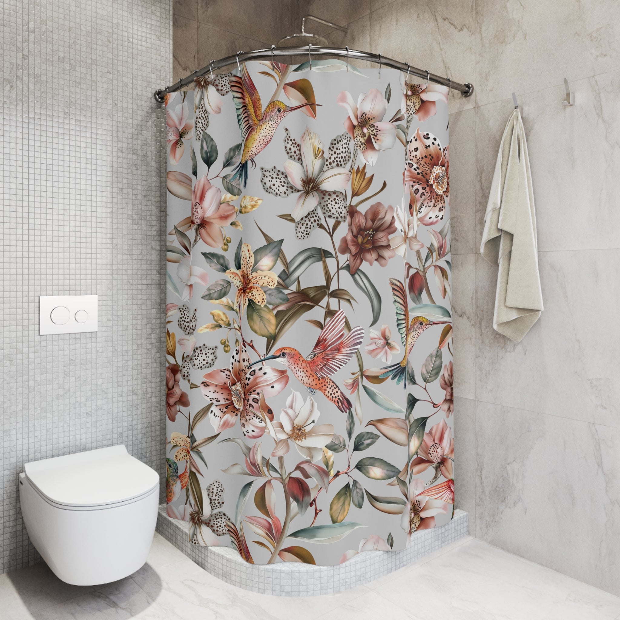 Boho Shower Curtain | Tropical Colorful Florals, Birds Nature
