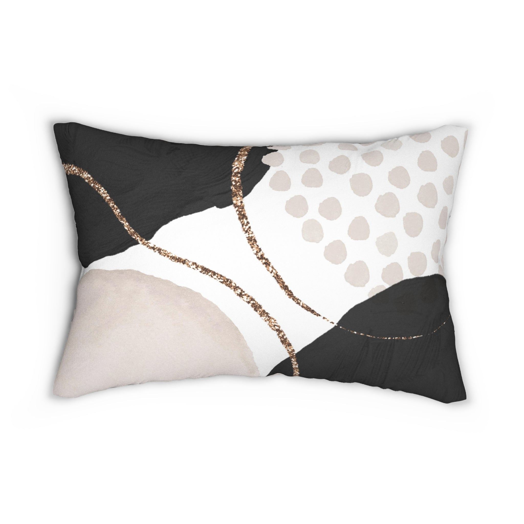 Black, ivory and white abstract lumbar pillow styled on a sofa