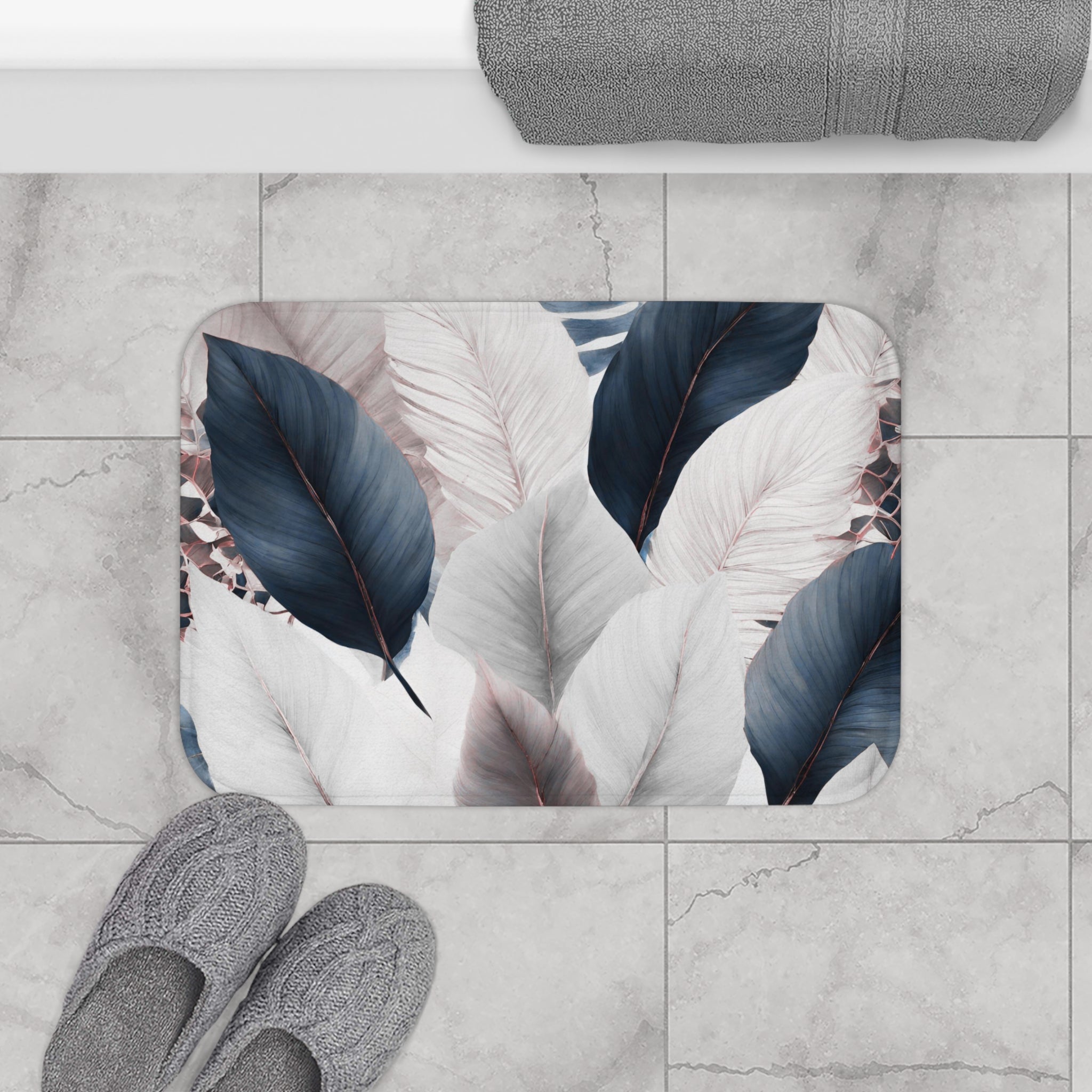 Boho Bath, Kitchen Mat | Modern Navy Blue White Grey, Leaves