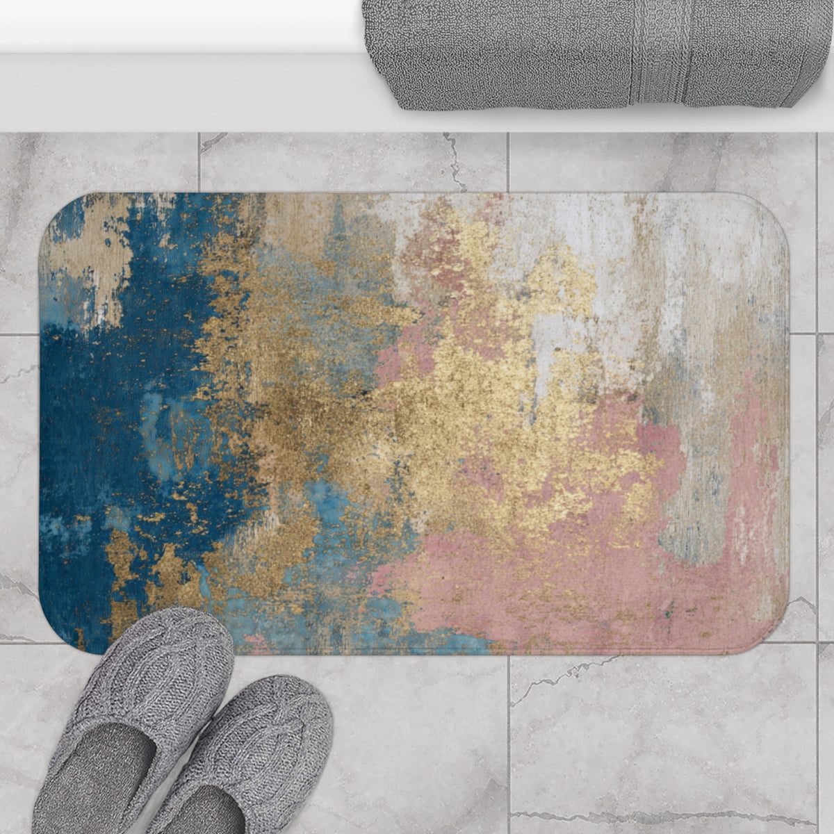 Teal Blush Ochre Abstract Bath Mat, Textured Bathroom Rug