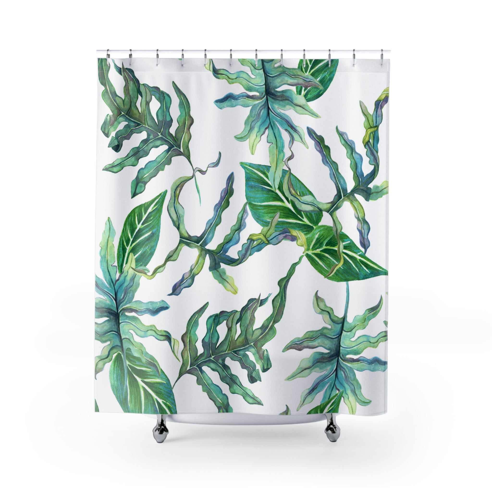 Boho Shower Curtain | White Green, Herbal Leaves Watercolor