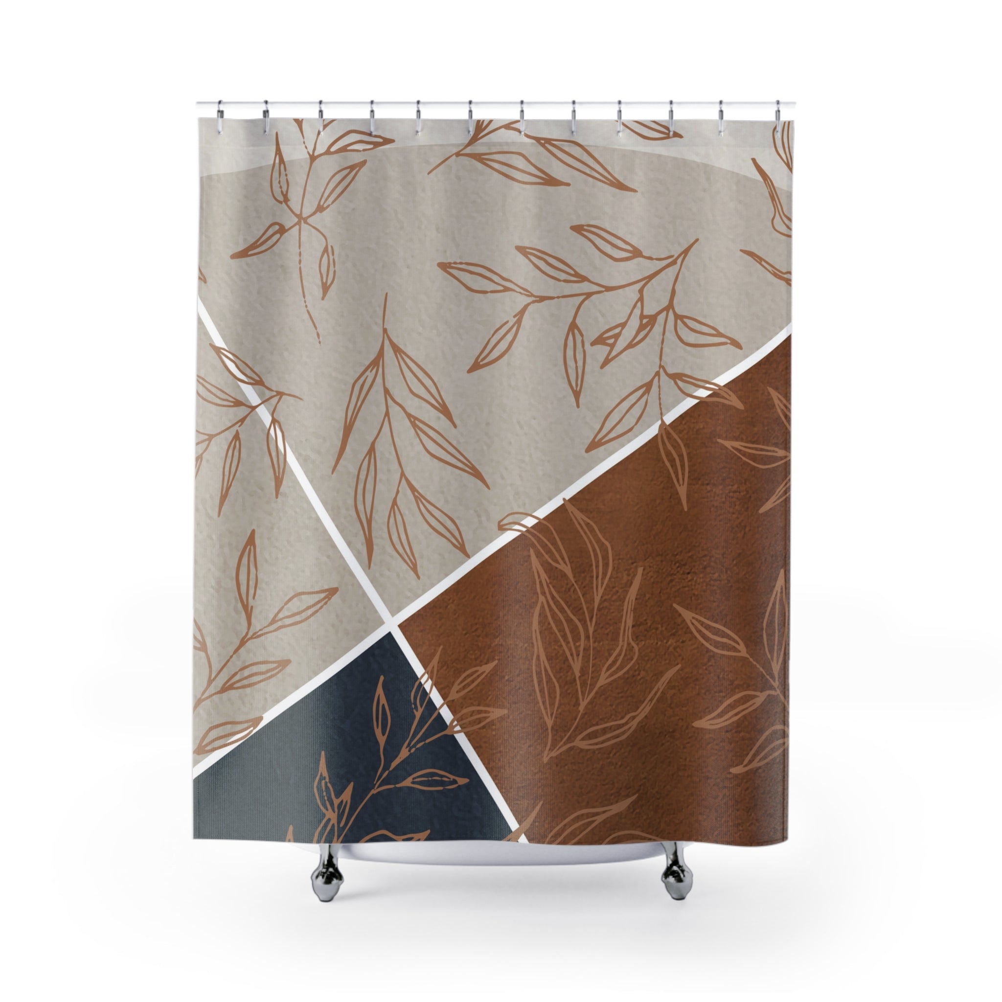 Boho Shower Curtain | Terracotta Leaves, Grey, Navy Blue