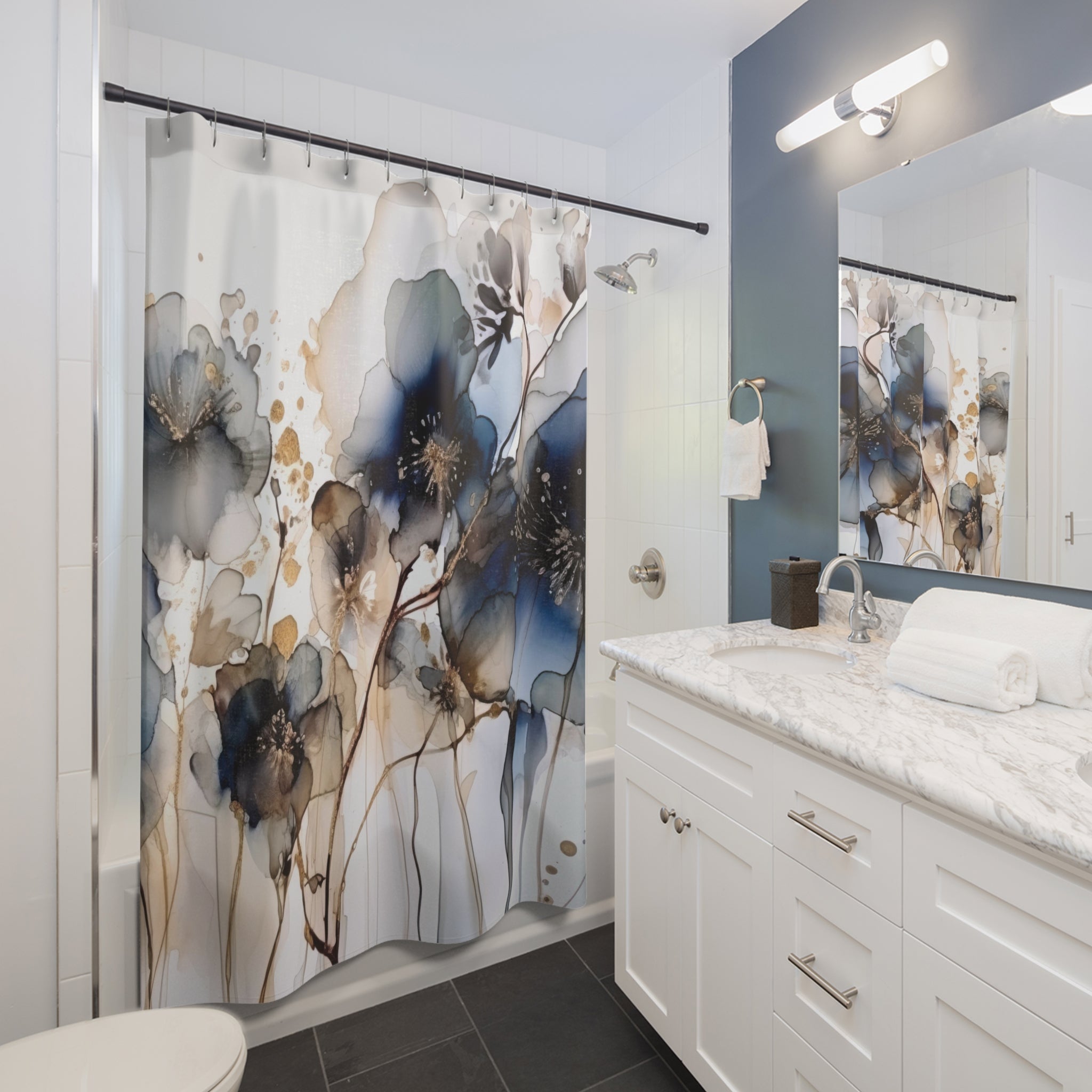 Abstract Floral Shower Curtain | Navy Blue, Beige Ombre