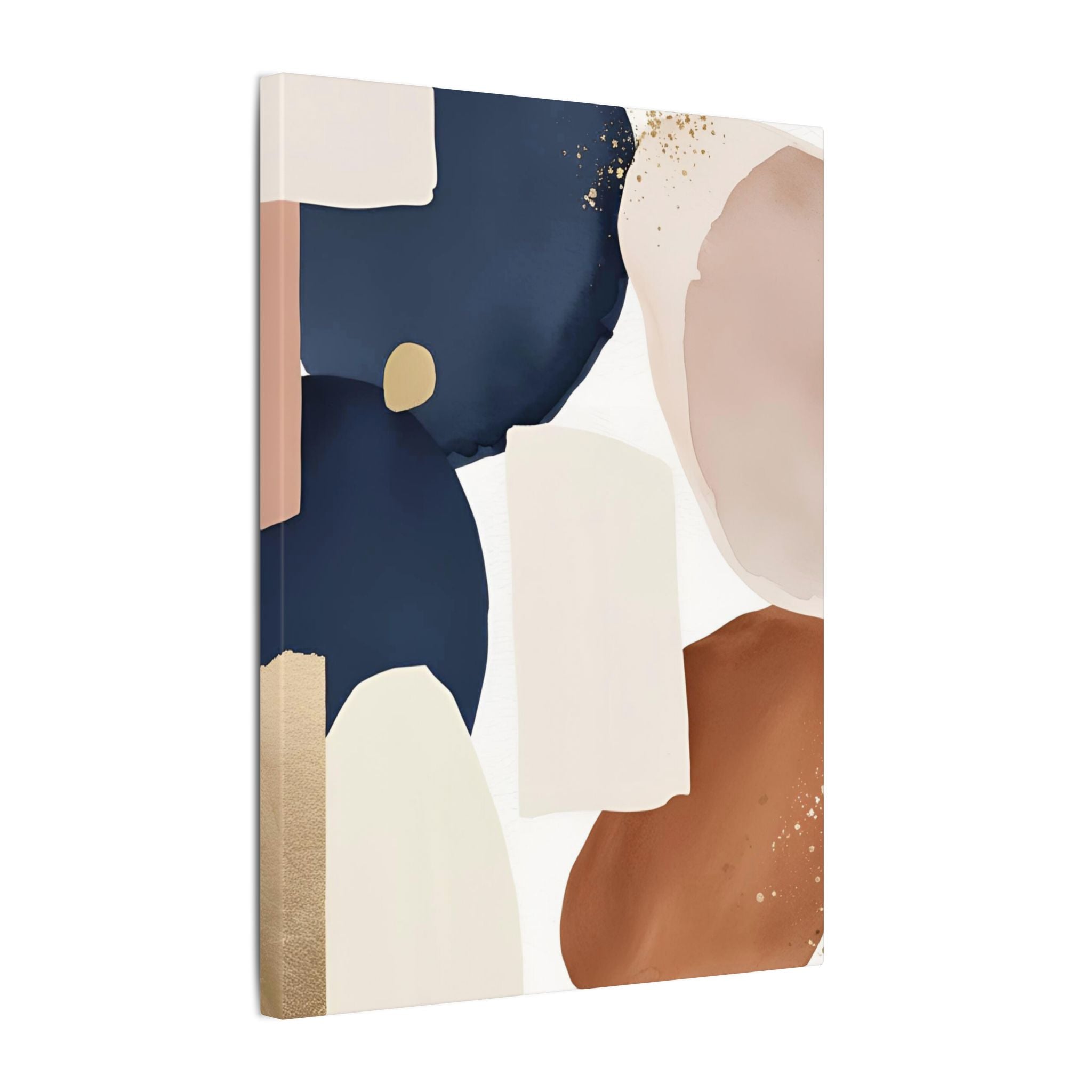 The image is a modern abstract art piece featuring a variety of colors and shapes, including shades of blue, pink, and brown.