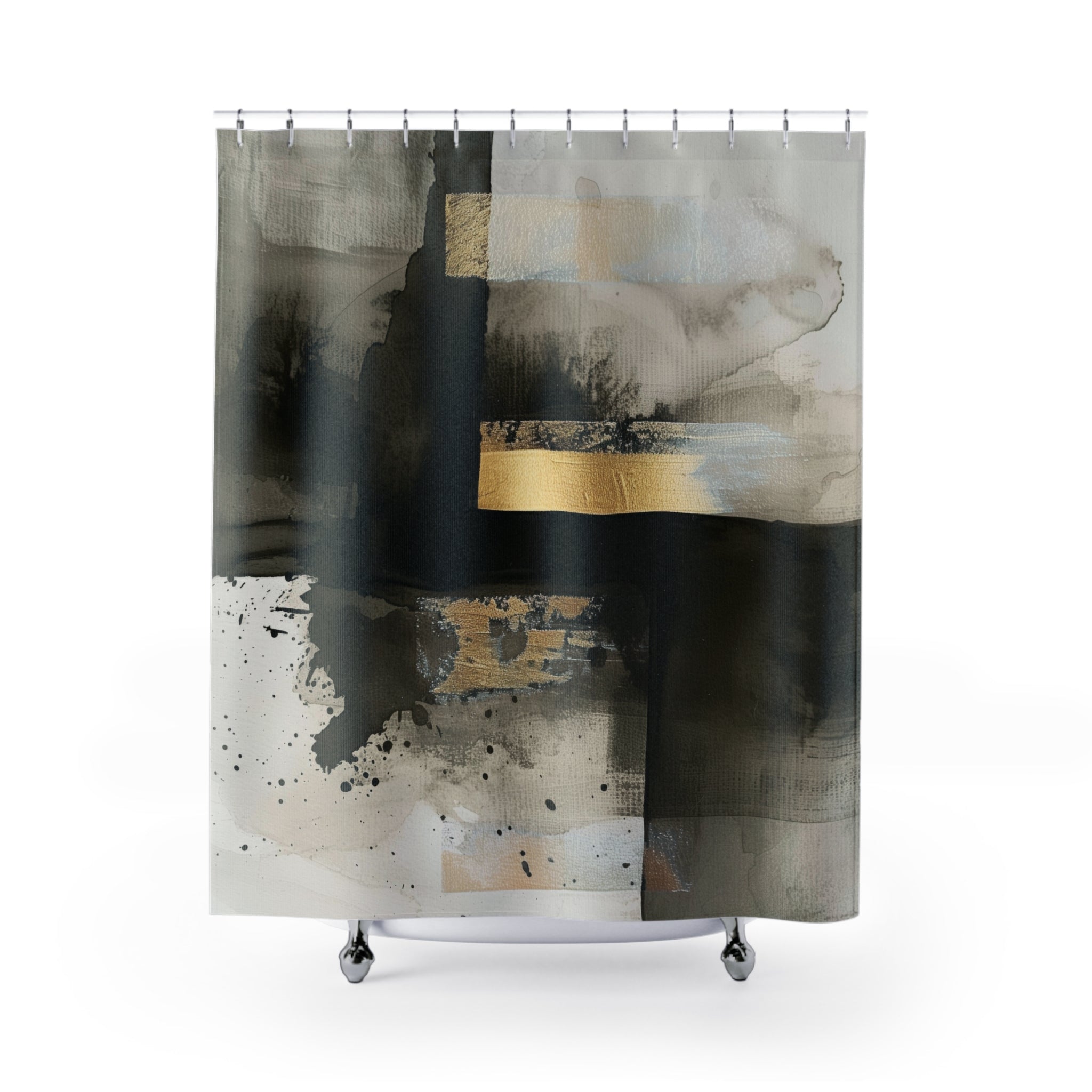 Abstract Shower Curtain | Black Grey Ombre Muted Gold