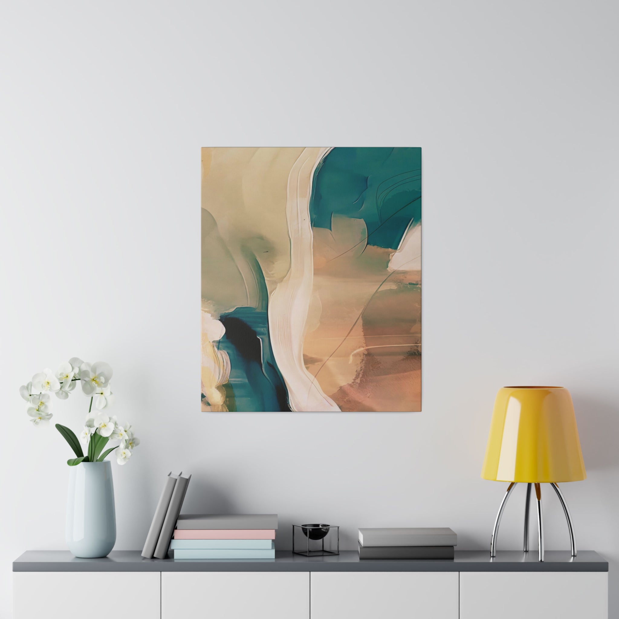 Earthy beige and teal abstract canvas wall art styled in a modern interior