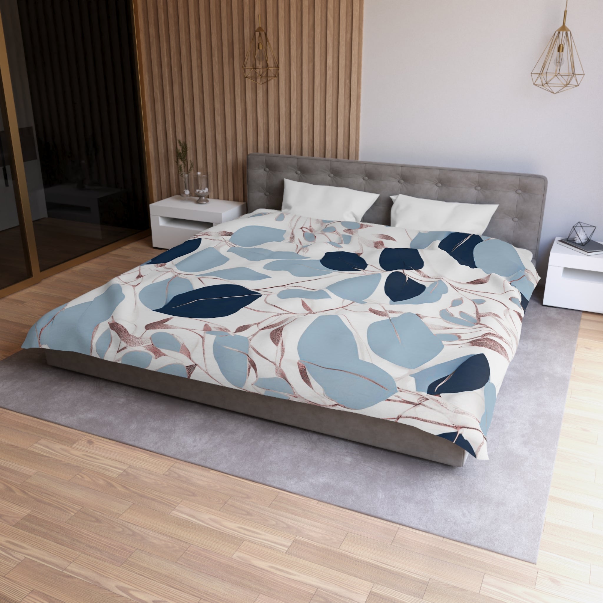 Floral Duvet Cover | Navy, Powder Blue, White Eucalyptus Leaves Bedding Decor | Bedroom Decor