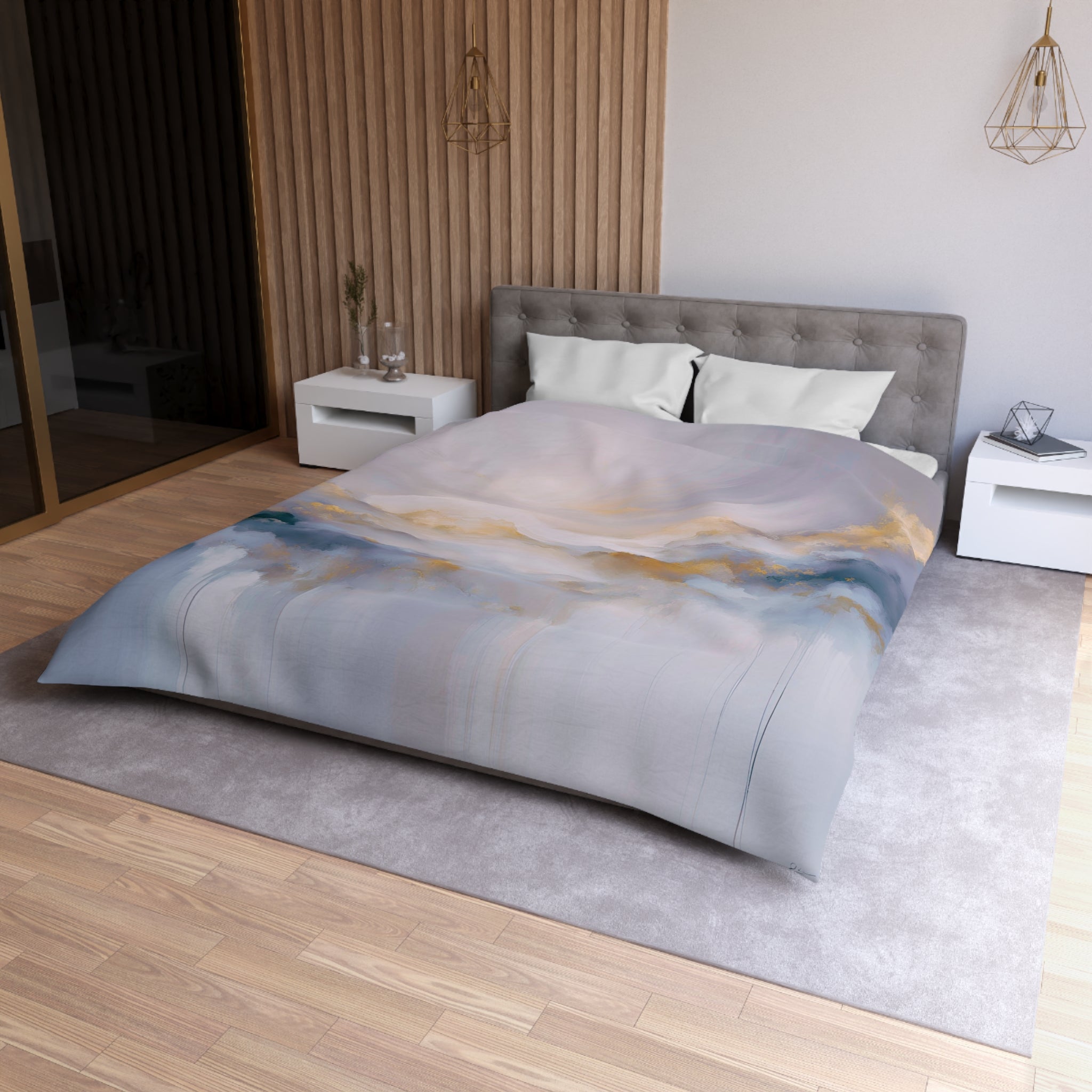 a modern bedroom with a large bed, a gray headboard, and a gray and blue abstract painting on the bedspread. The room has a wooden floor and white nightstands on either side of the bed.