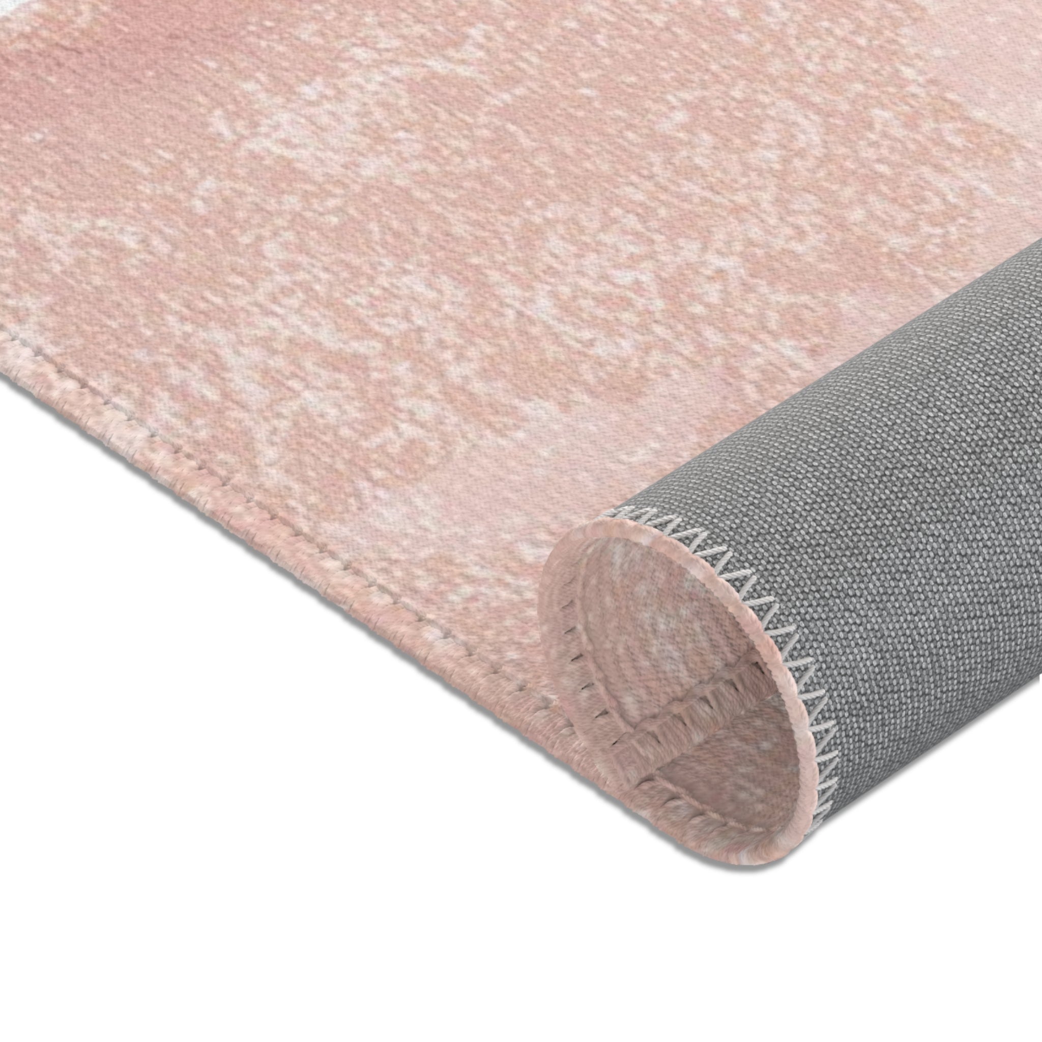 Modern blush pink and sky blue abstract boho rectangle area rug, full rug view