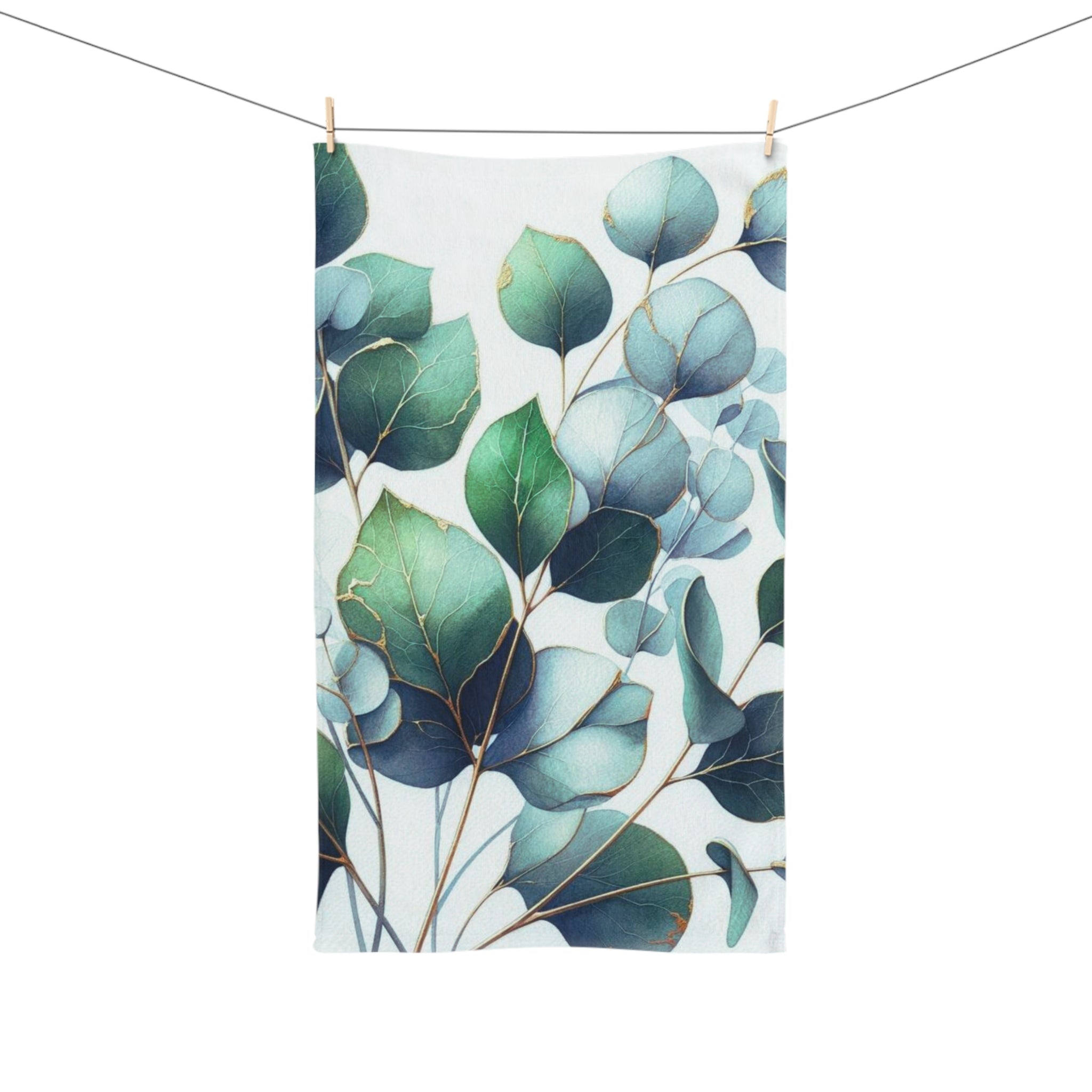 Floral Kitchen, Bath Hand Towel | Forest Green, Blue Eucalyptus Leaves
