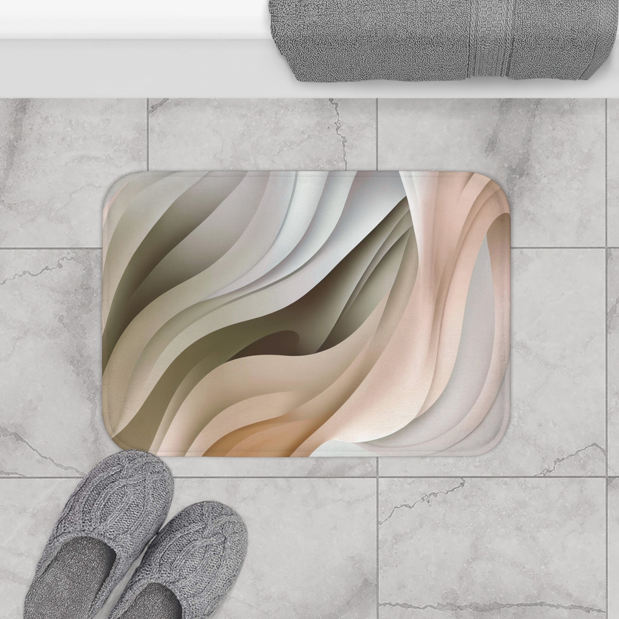 Abstract Bath Mat | Green White Grey Waves Kitchen Mat
