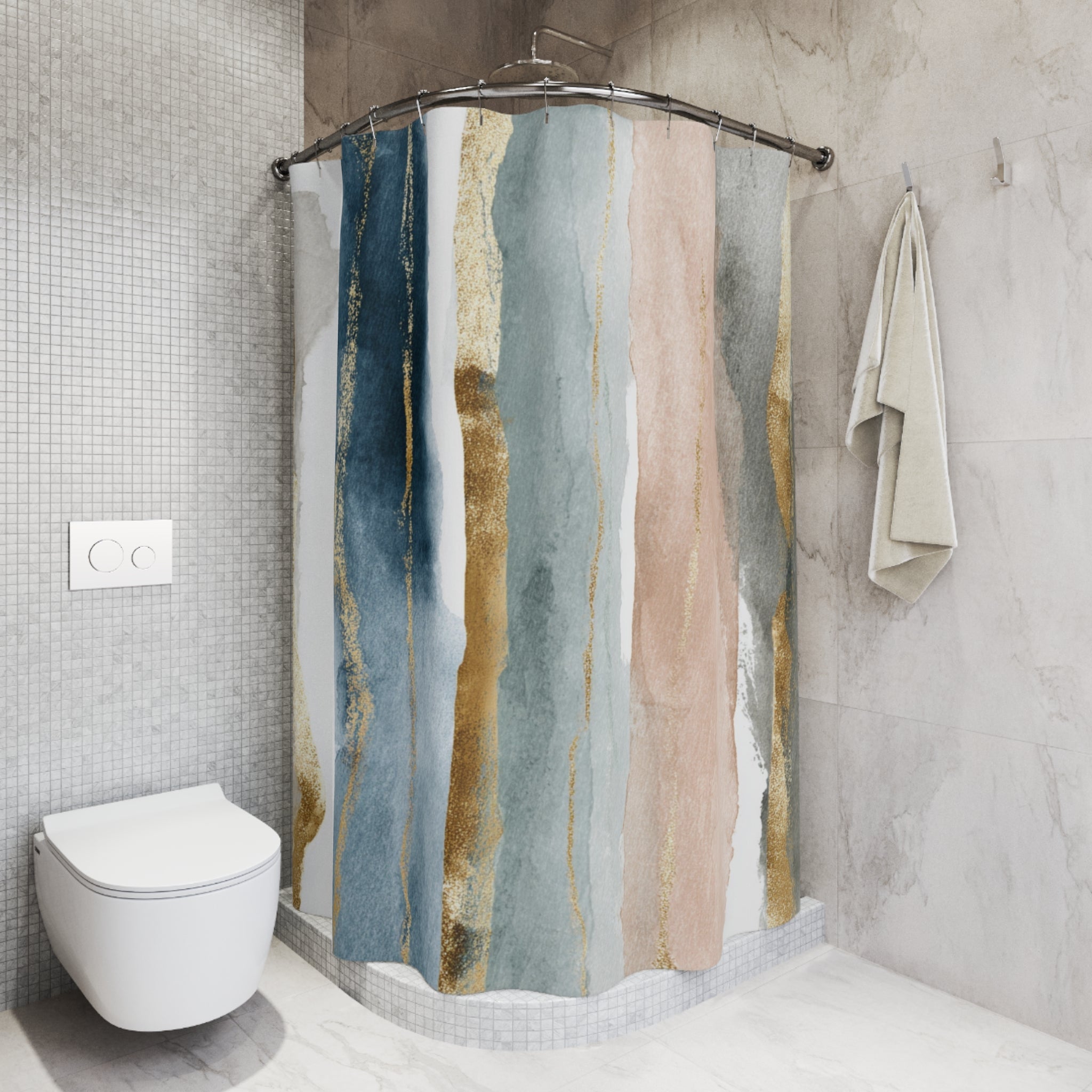 Abstract Watercolor Shower Curtain | Modern Blue & Blush Bathroom Decor