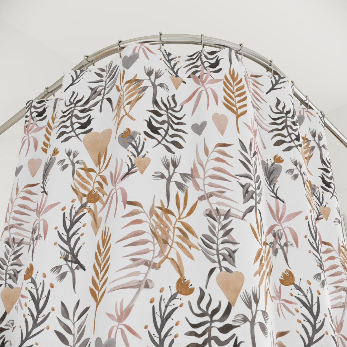 a shower curtain with a floral pattern in shades of brown, gray, and white.