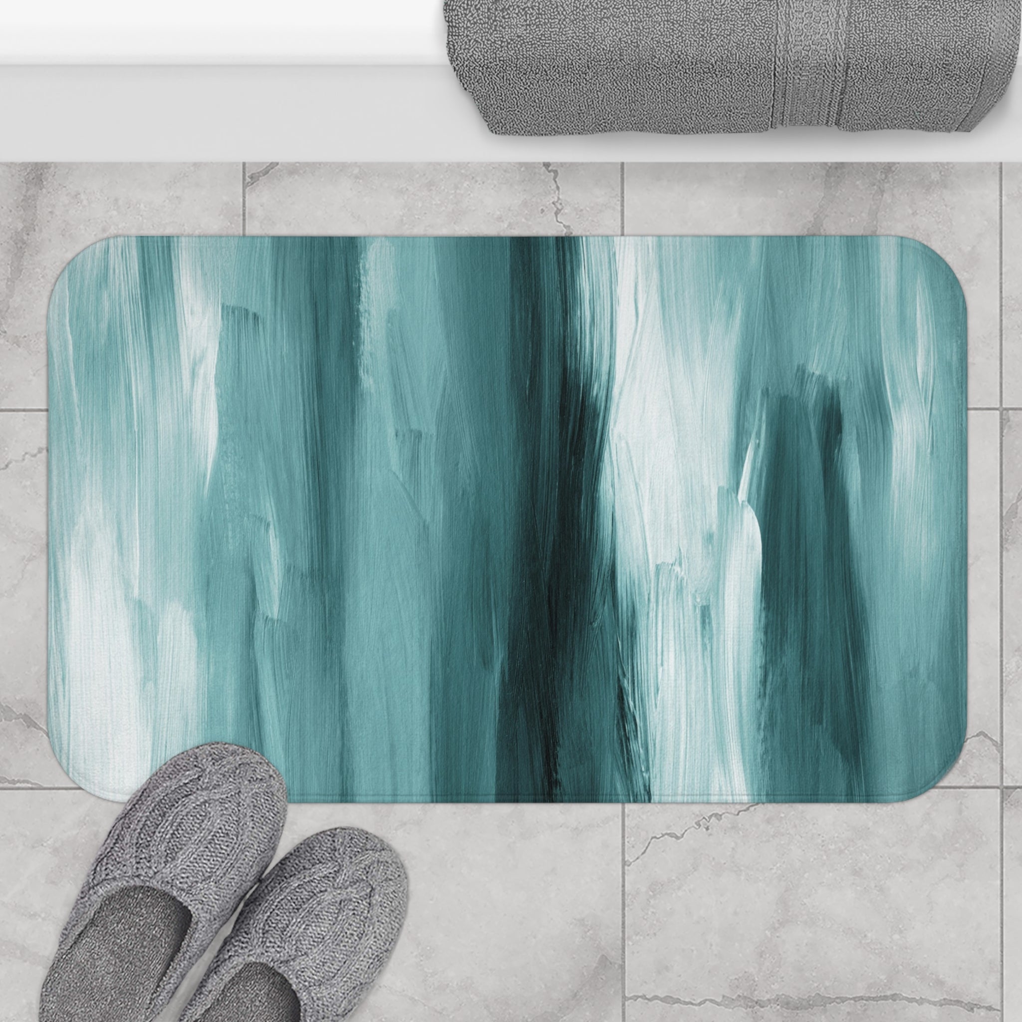 Abstract Bath Mat | Teal Green White Ombre Kitchen Mat