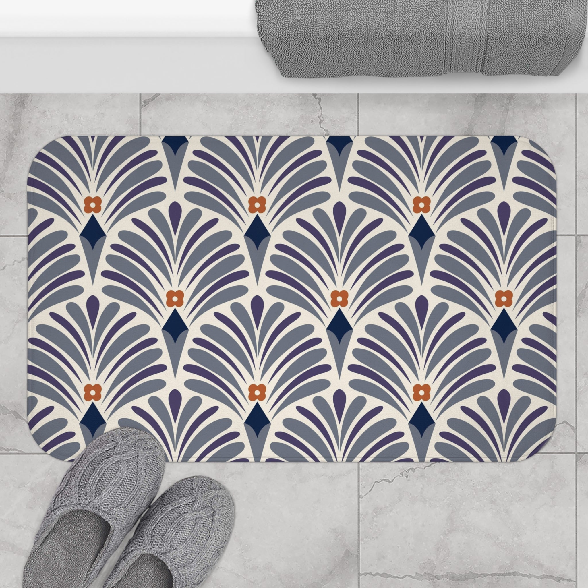 Boho Bath, Kitchen Mat | Art Deco Grey Plum Purple Beige