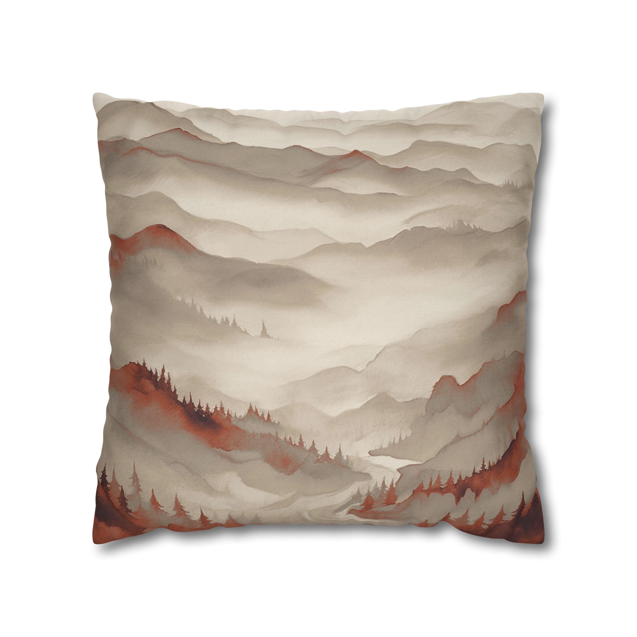Boho Throw Pillow Cover, Taupe Rust, Mountains Nature Decor Cushion