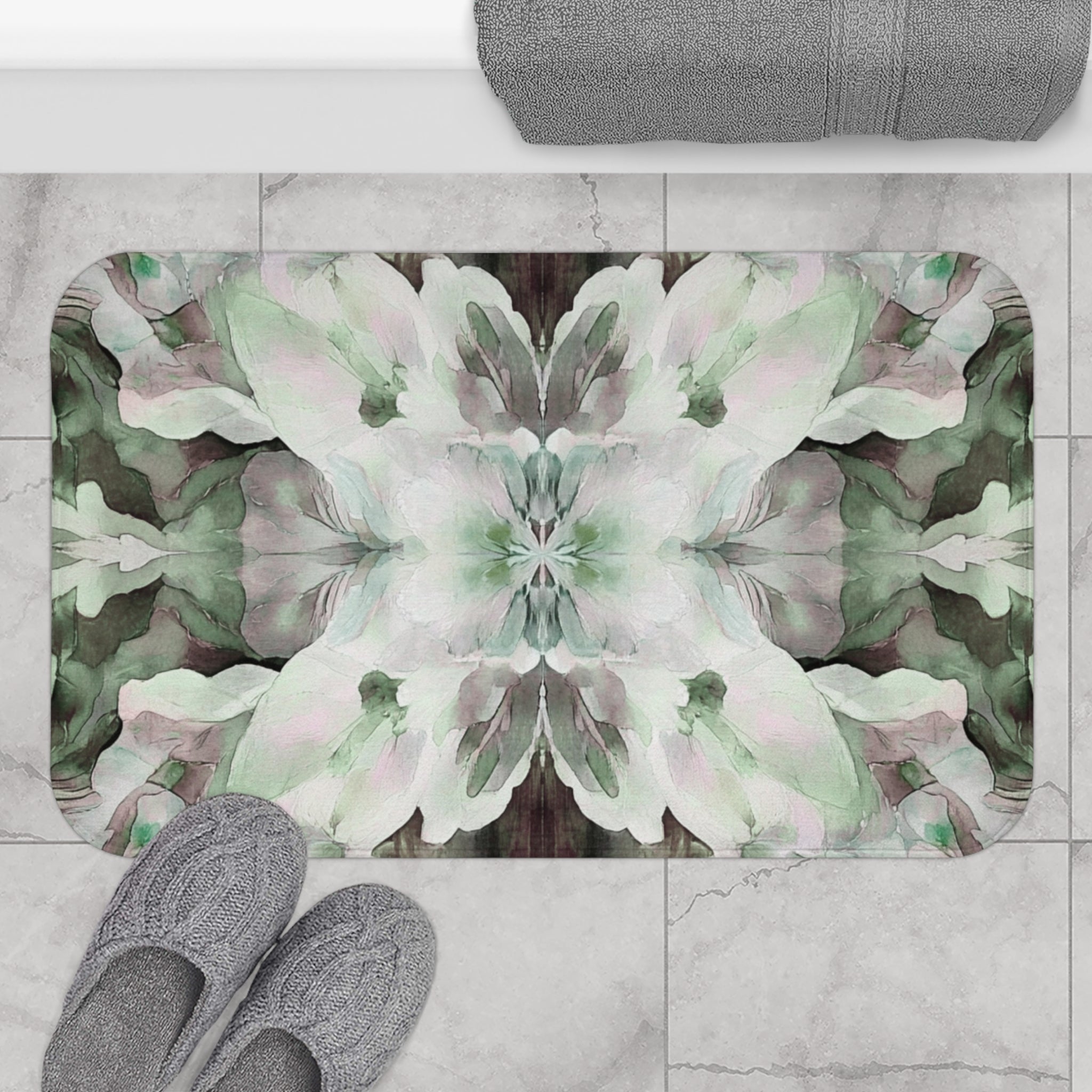 Abstract Bath Mat | Green Grey Watercolor Kitchen Mat
