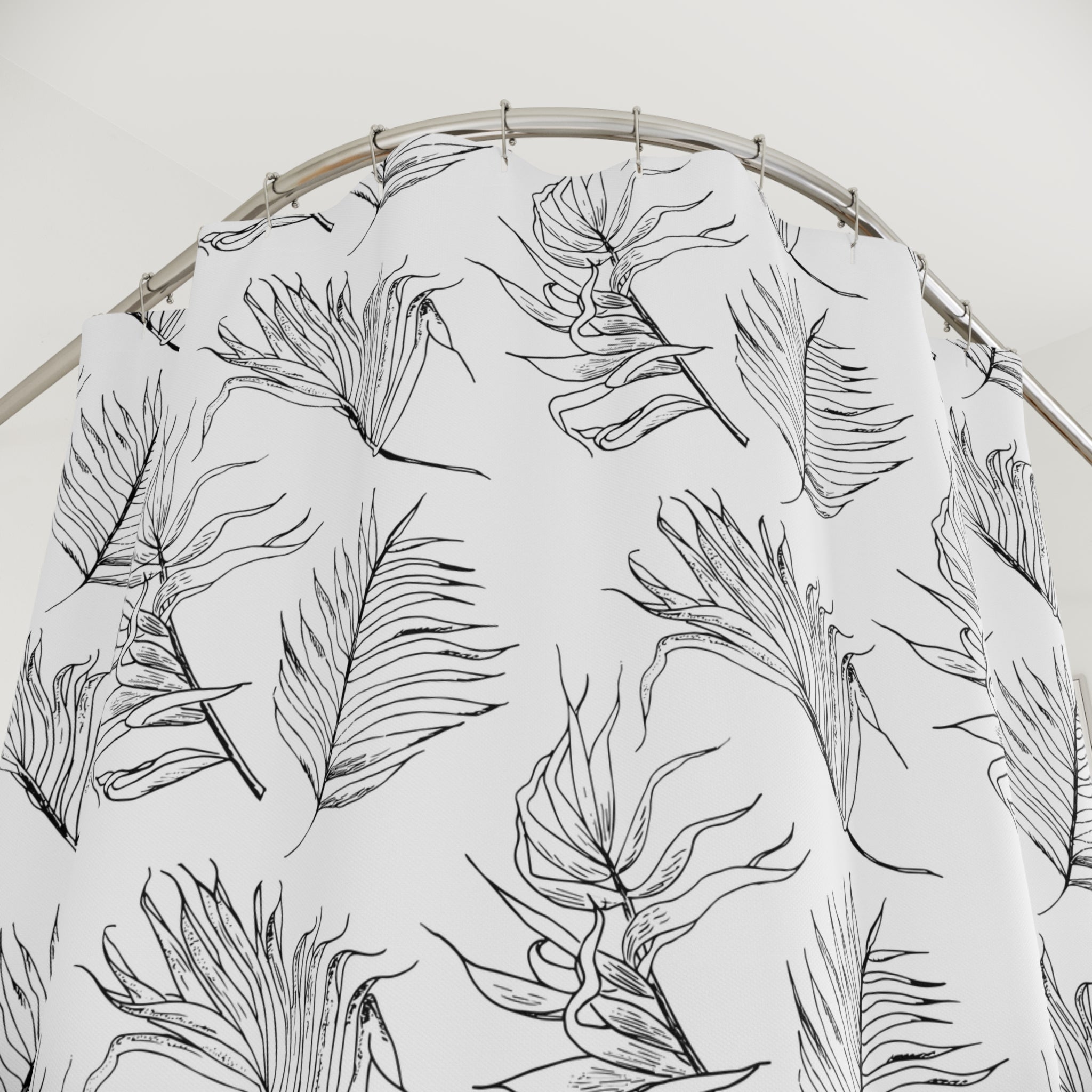 Boho Shower Curtain | Black White Leaves Bathroom Decor