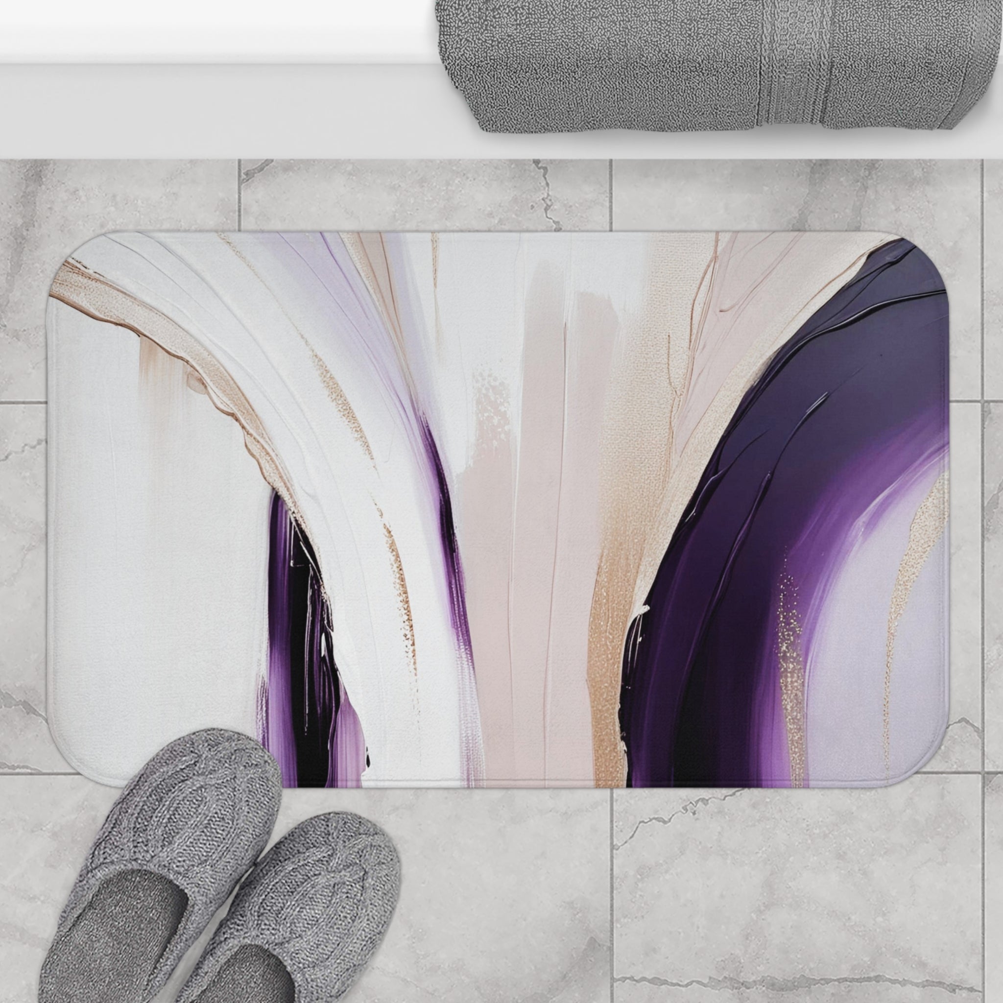 Boho Bath Mat | Purple Gold Beige White Abstract Kitchen Mat