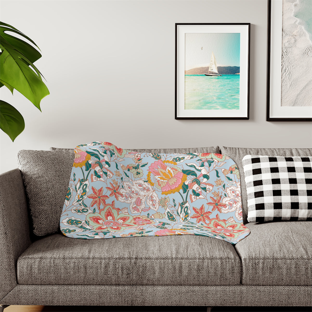 Coral Teal Jacobean Floral Sherpa Blanket | Light Blue Throw
