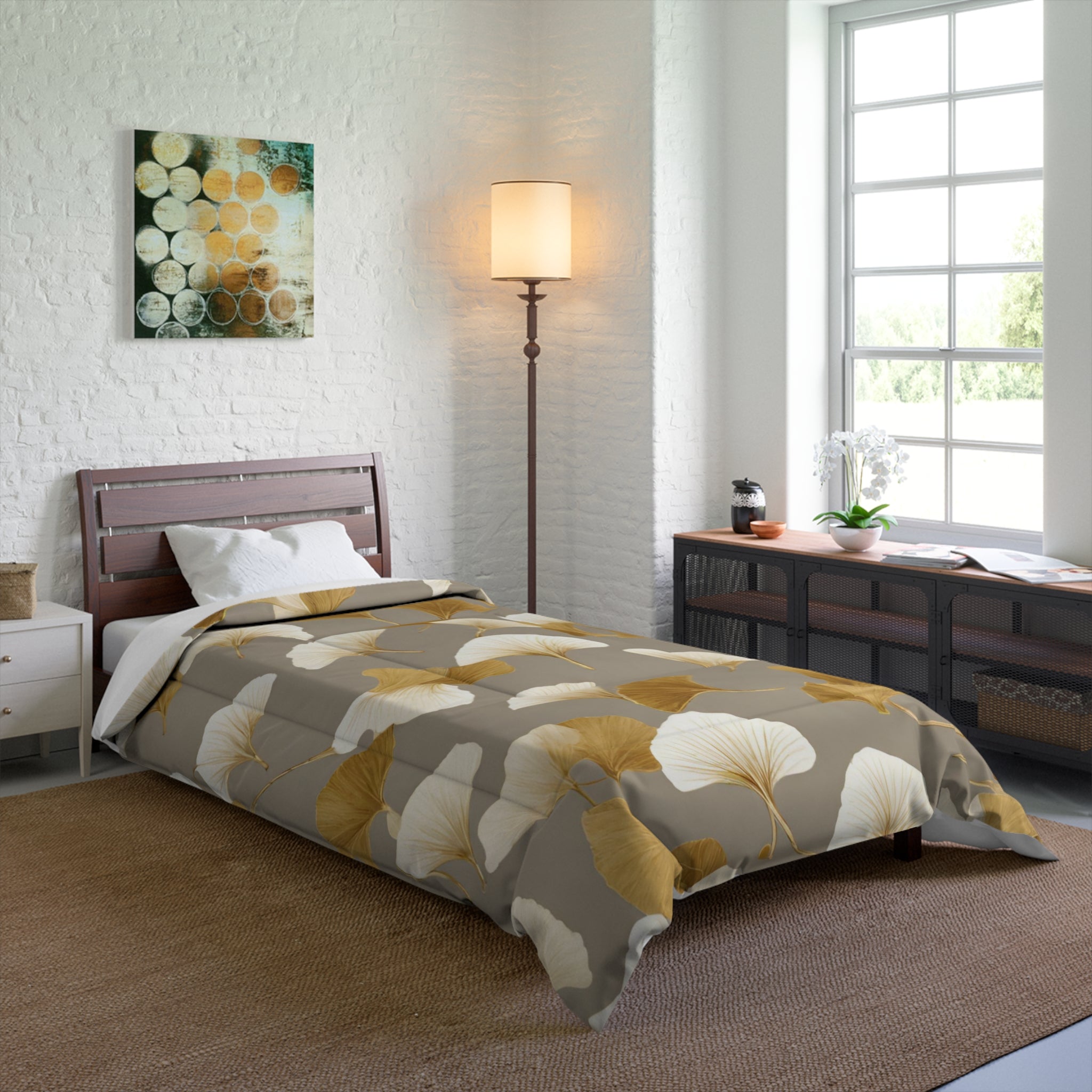 Floral Comforter | Taupe, Gold, Ivory Beige, Gingko Leaves