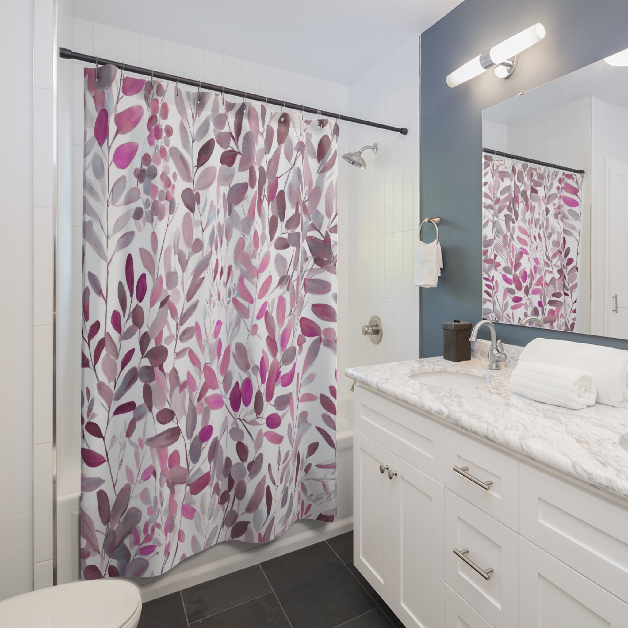 Floral Shower Curtain | Abstract Leaves, White Pink Grey