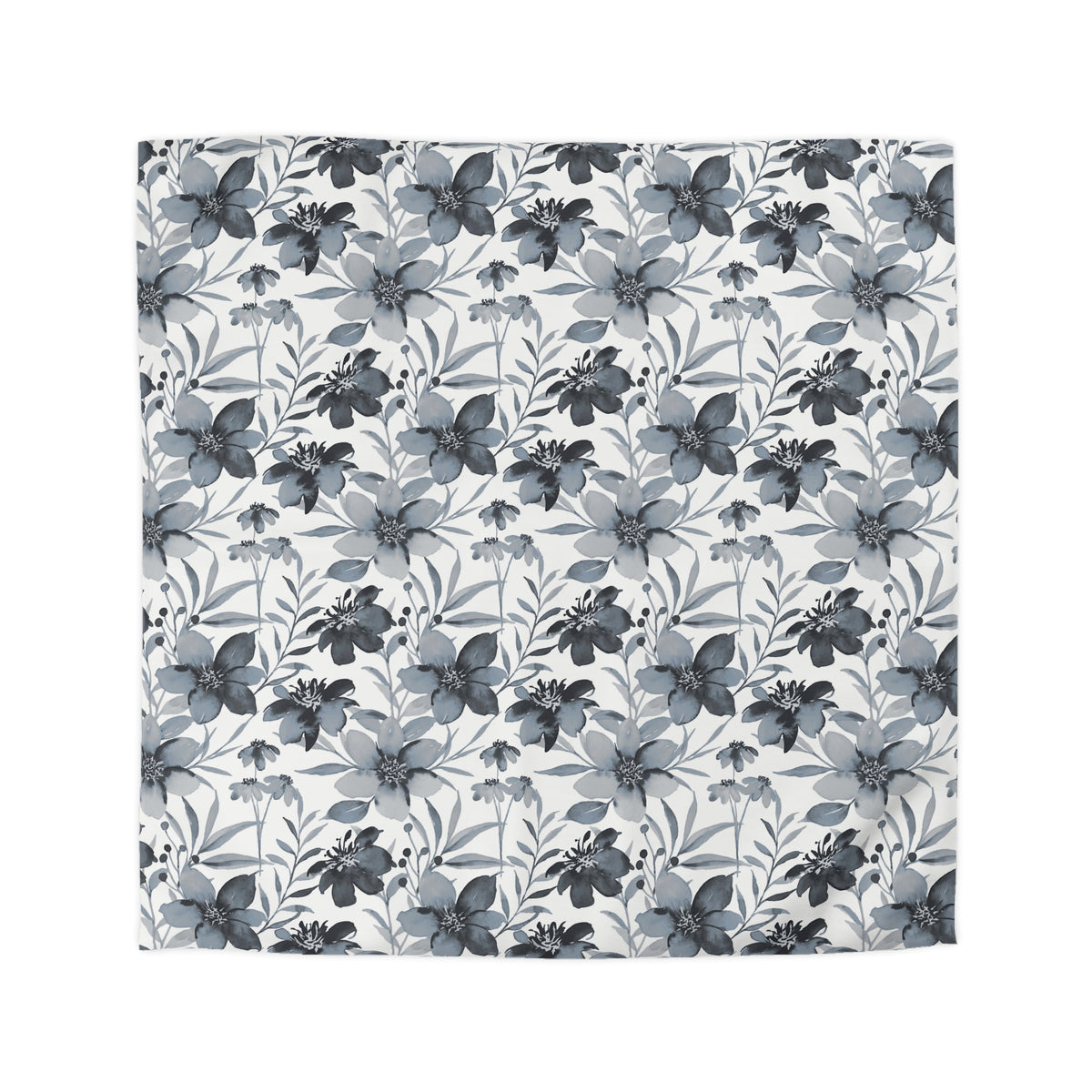 a repeating pattern of black and white flowers and leaves on a white background.
