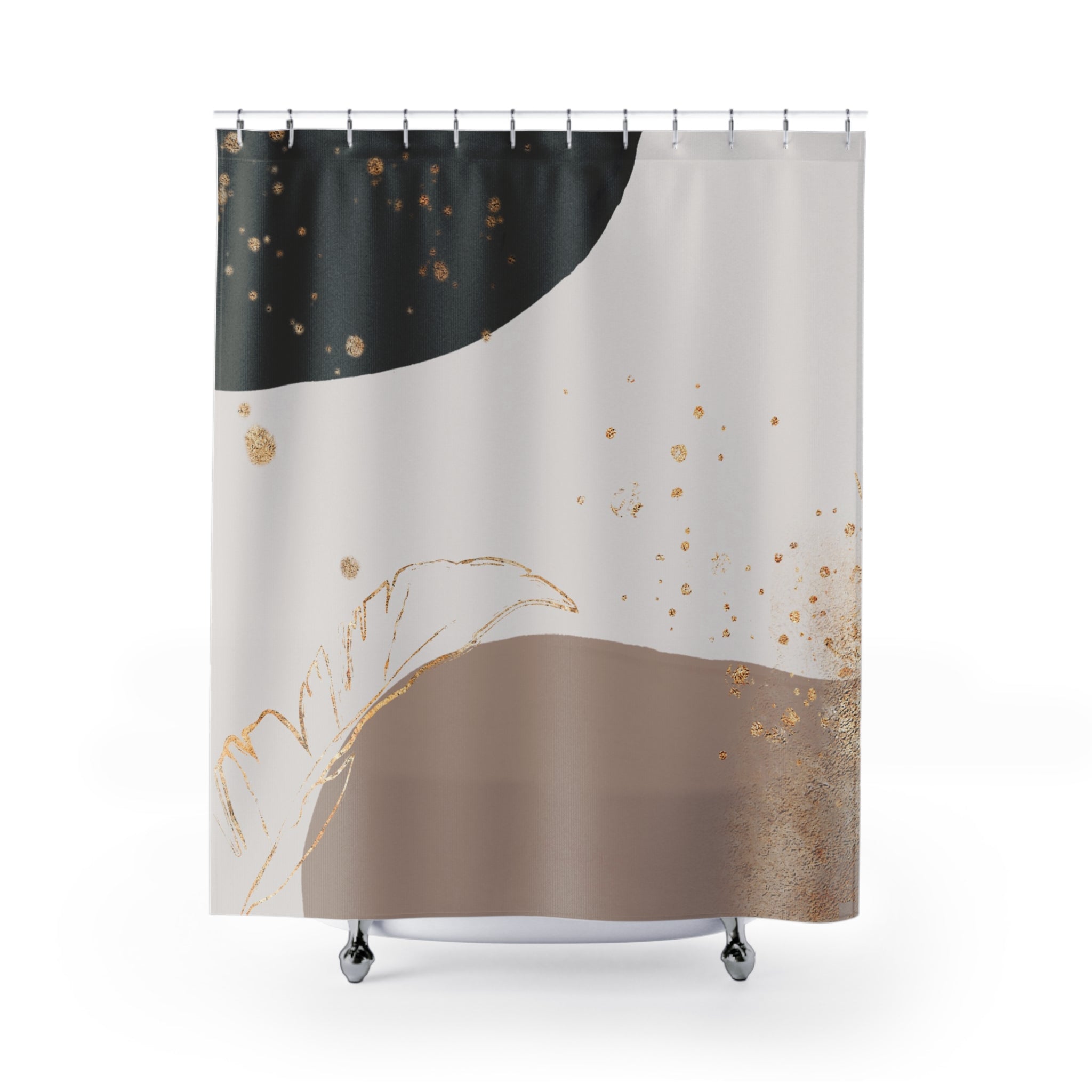 Boho Shower Curtain | Black, Muted Gold Beige, Earthy Leaf
