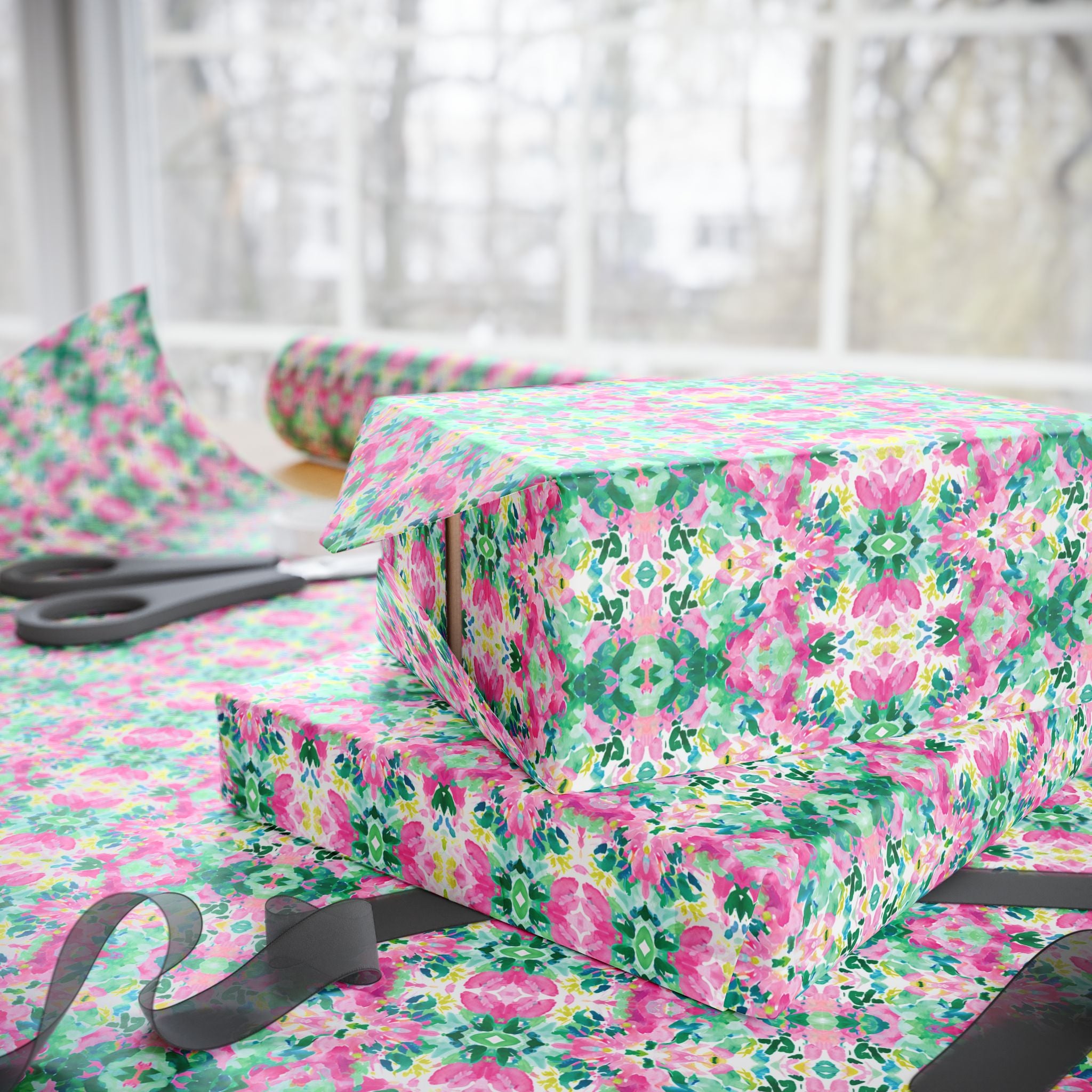 Abstract Wrapping Paper, Green Pink Gift Wrapping for the Holidays, Birthdays