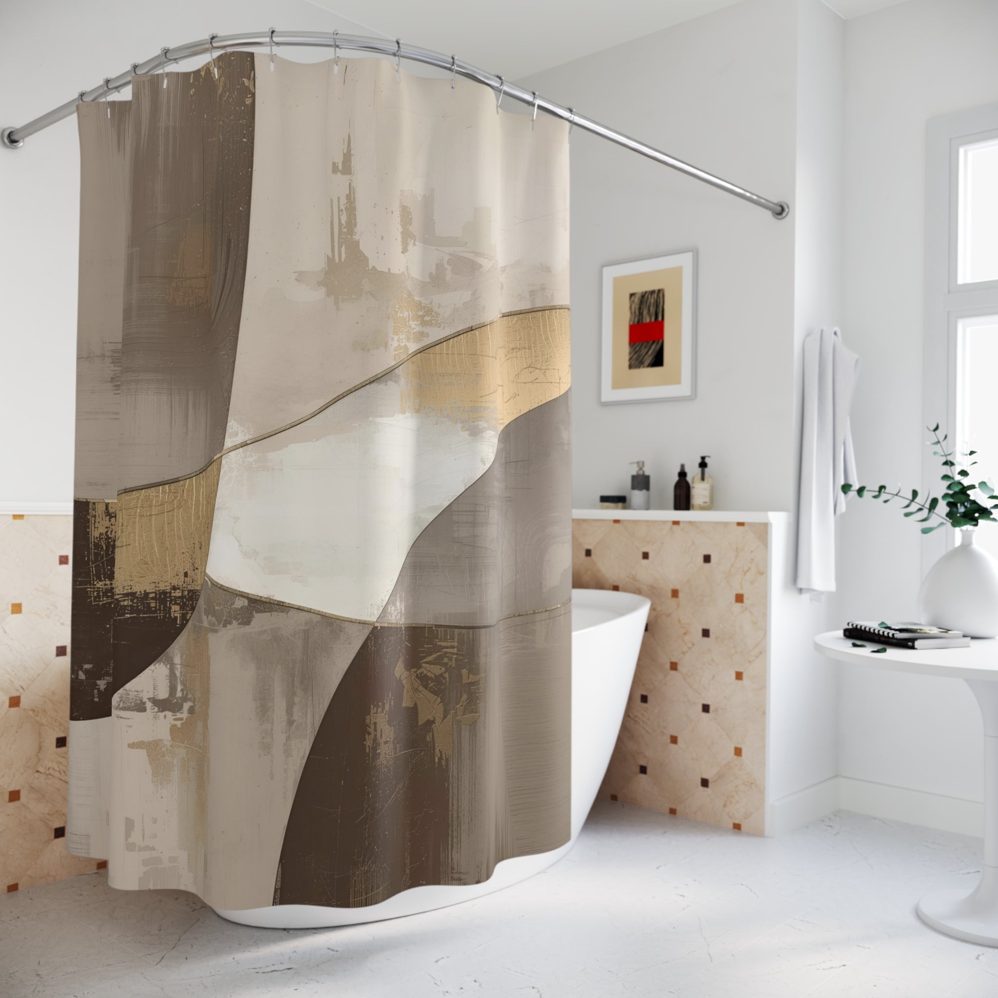 Boho Abstract Shower Curtain | Brown Taupe, Beige Watercolor