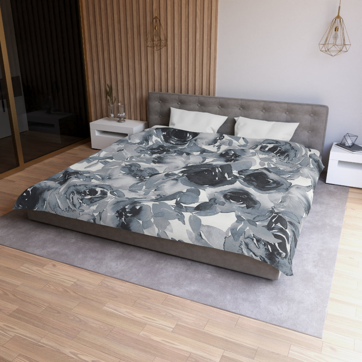 Slate Grey Watercolor Rose Duvet Cover | Charcoal Blue Floral Bedding