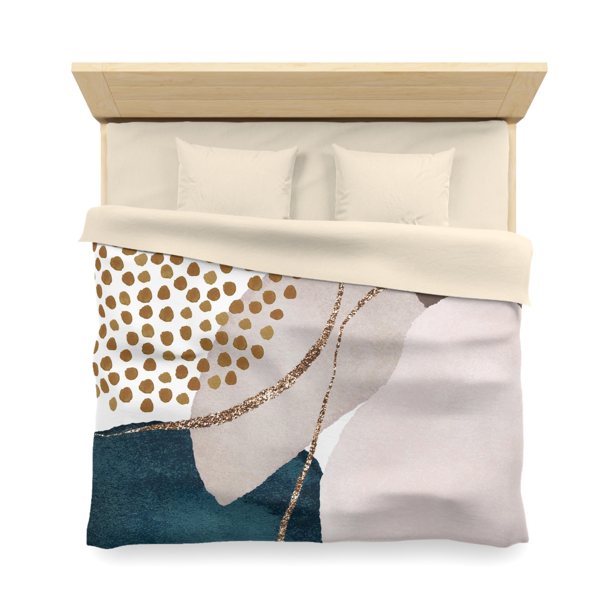 a neatly made bed with a white comforter and a colorful polka dot pattern on the bedspread.