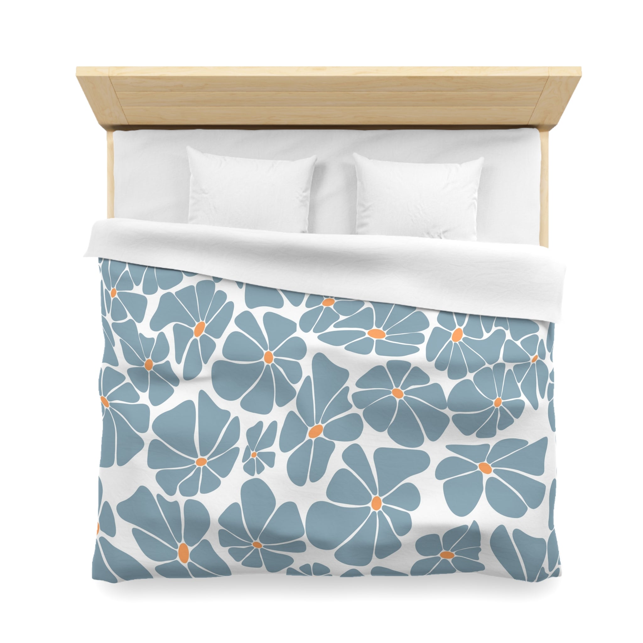 Retro, Floral Duvet Cover | Powder Blue White Orange Bedding | Bedroom Decor