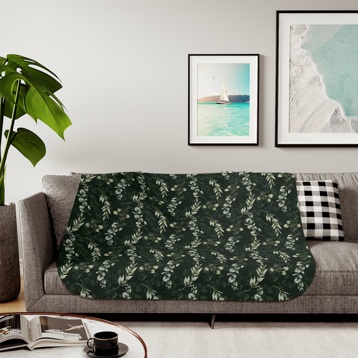 Forest Green Eucalyptus Sherpa Blanket | Dark Sage Botanical Throw