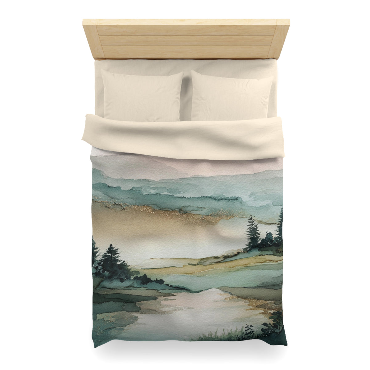 a serene landscape with a river, trees, and mountains in a watercolor painting style.