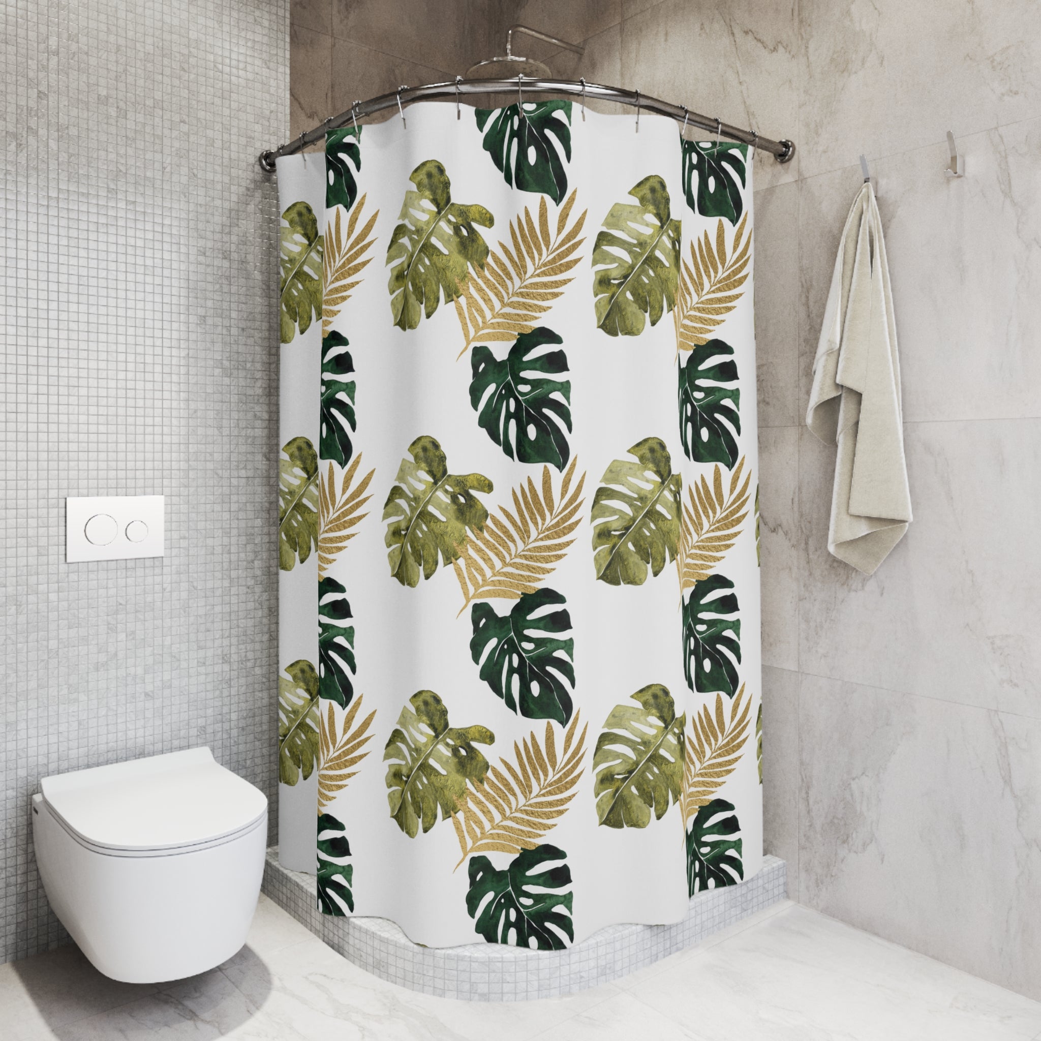 Boho Shower Curtain | Sage Green White Monster Leaves Fabric Curtain