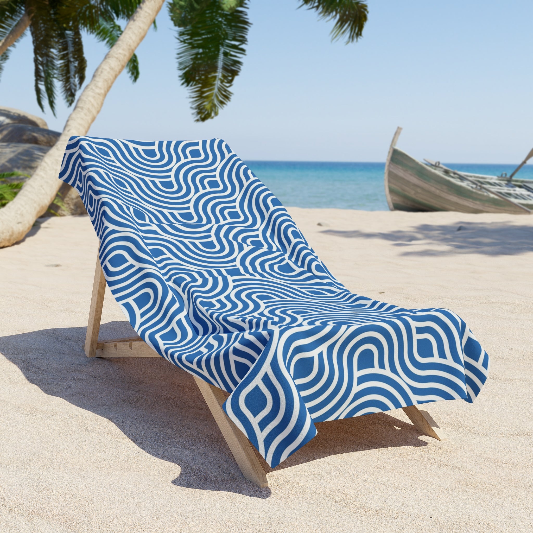 Art Deco Bath, Beach Towel | Retro Blue White, Art Nouveau Waves