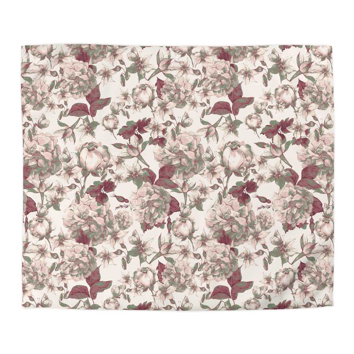 a repeating floral pattern with various types of flowers and leaves in shades of pink, white, and green.