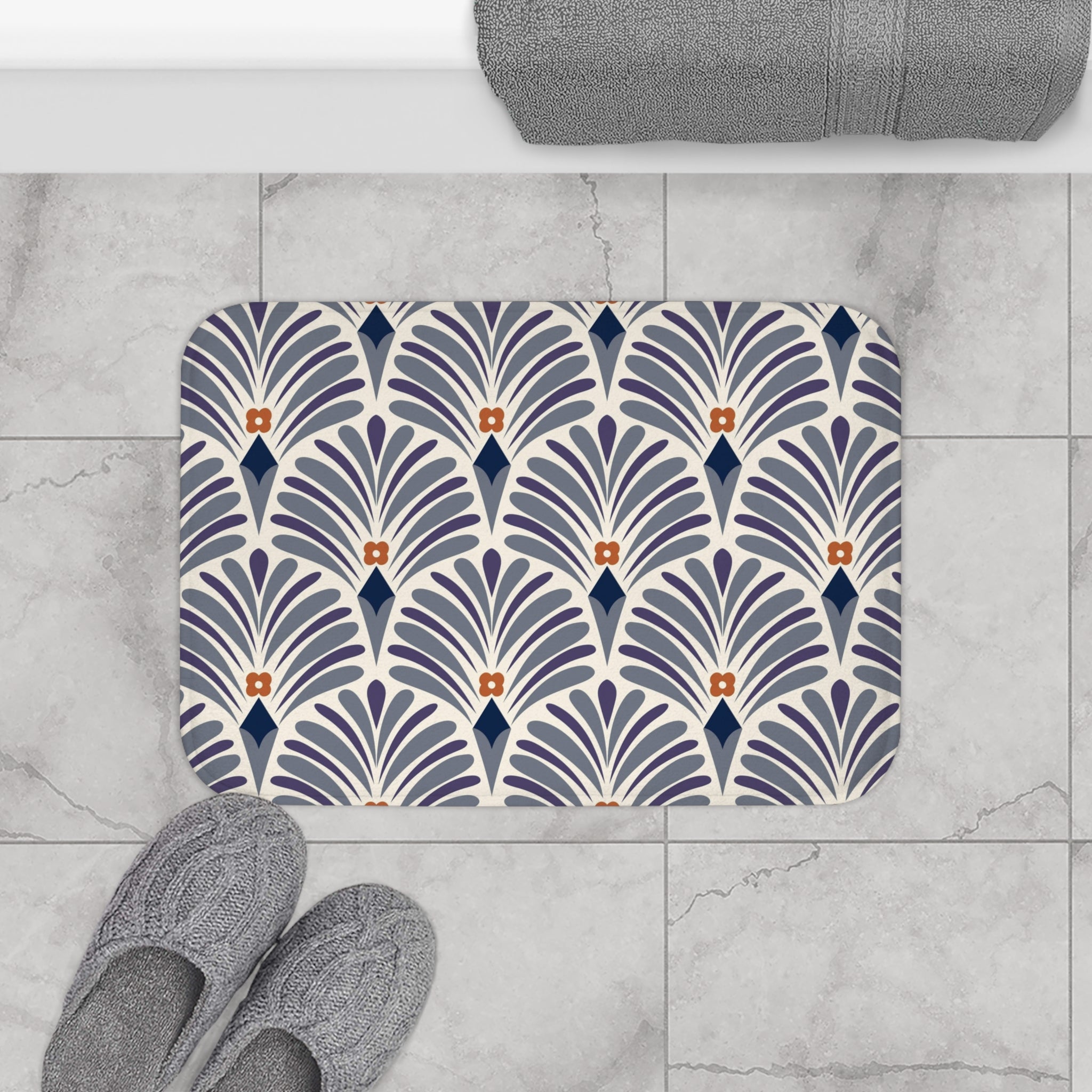 Boho Bath, Kitchen Mat | Art Deco Grey Plum Purple Beige