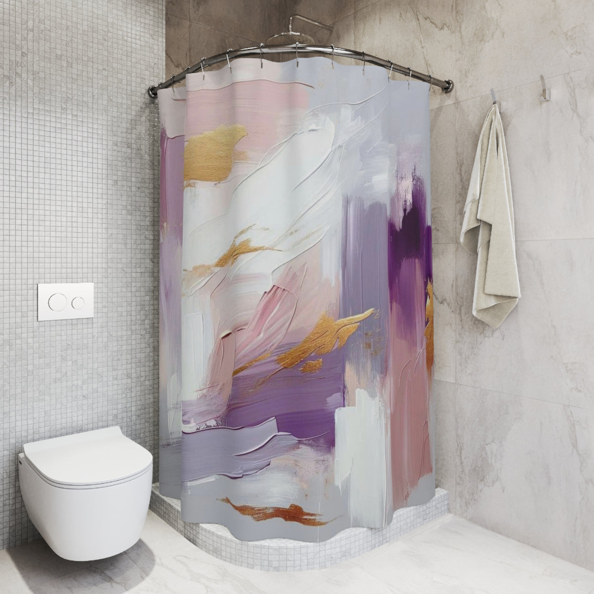 a bathroom with a shower curtain featuring a colorful abstract painting in shades of pink, purple, and white. The shower curtain is hanging from a rod next to a towel. The bathroom has a white toilet and a tiled wall, creating a clean and modern aesthetic.