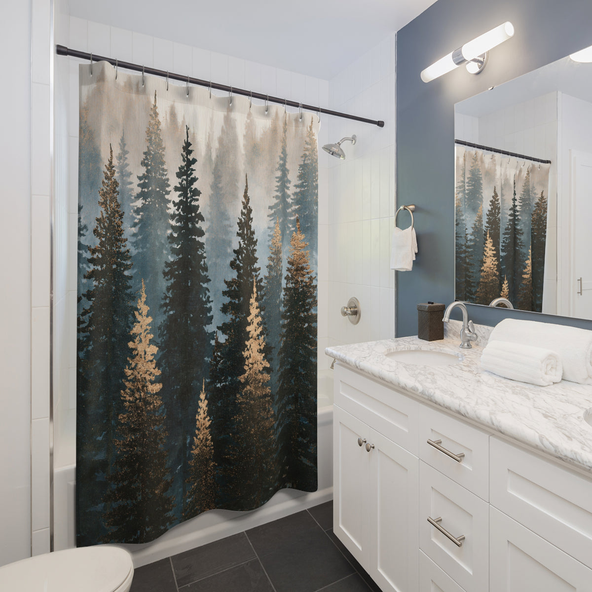 Misty Pine Forest Landscape Shower Curtain, Bath Curtain 71x74