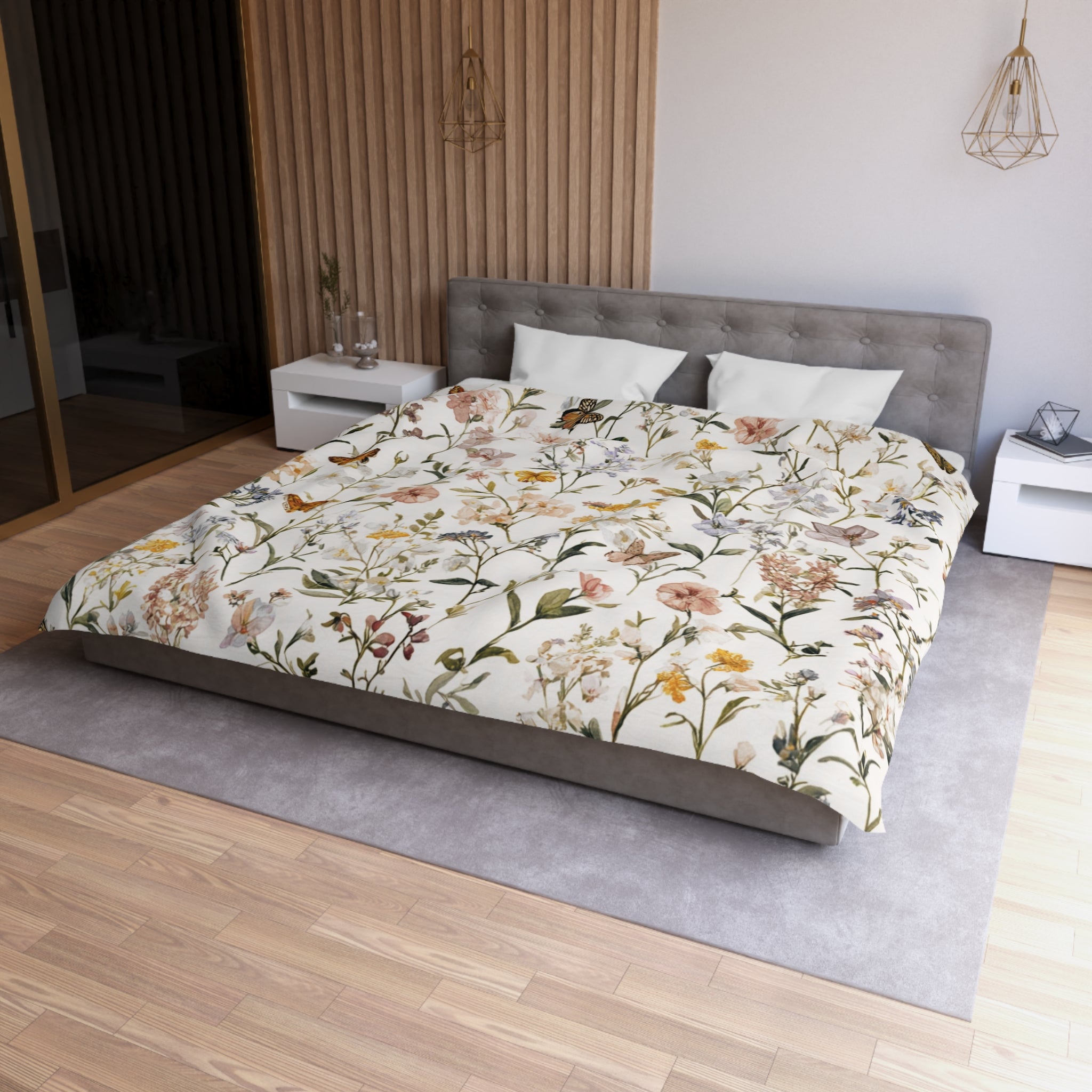 Floral Modern Duvet, Pillow Cover | White Beige Bedroom Decor