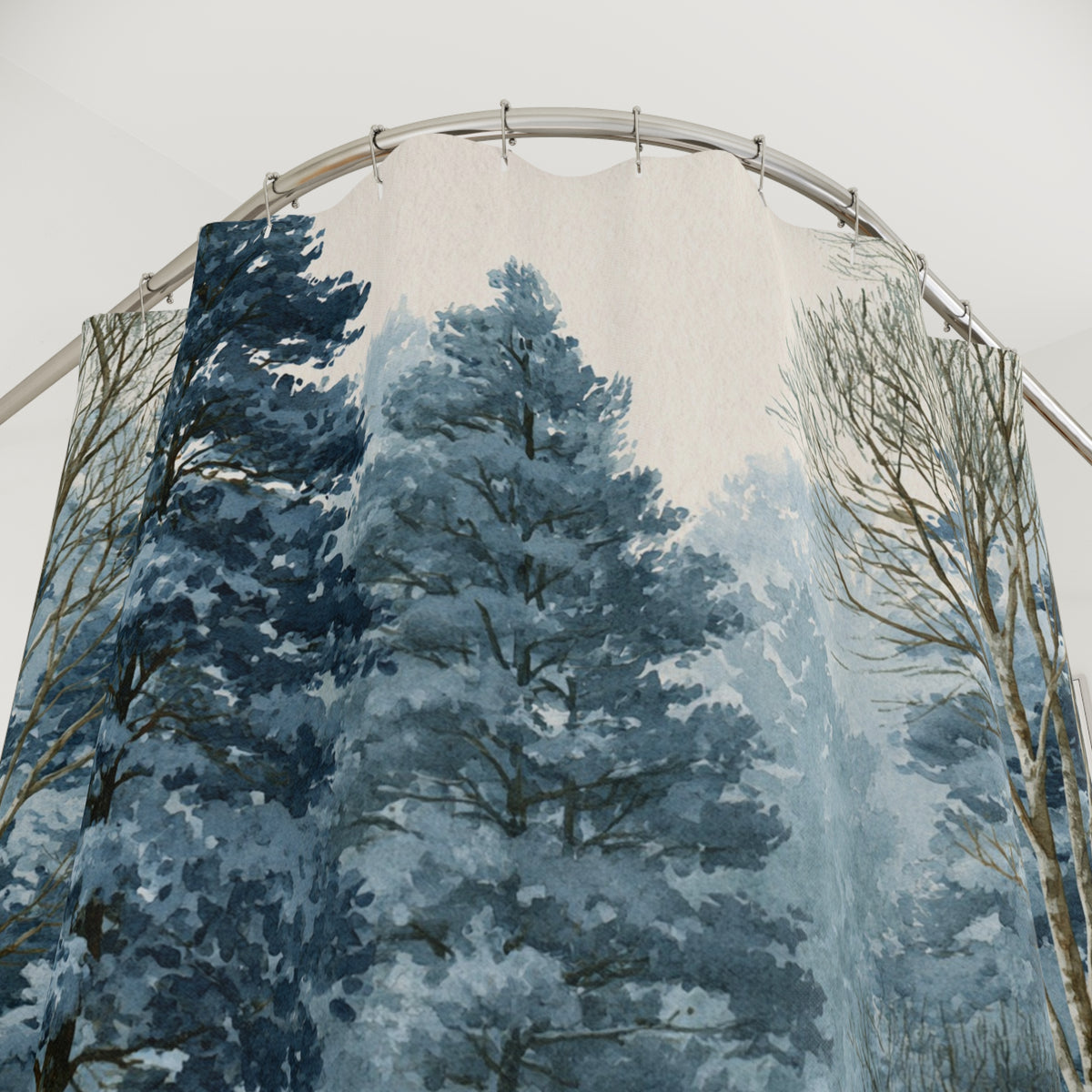 Frosted Blue Snowy Forest Shower Curtain, Bath Curtain 71x74