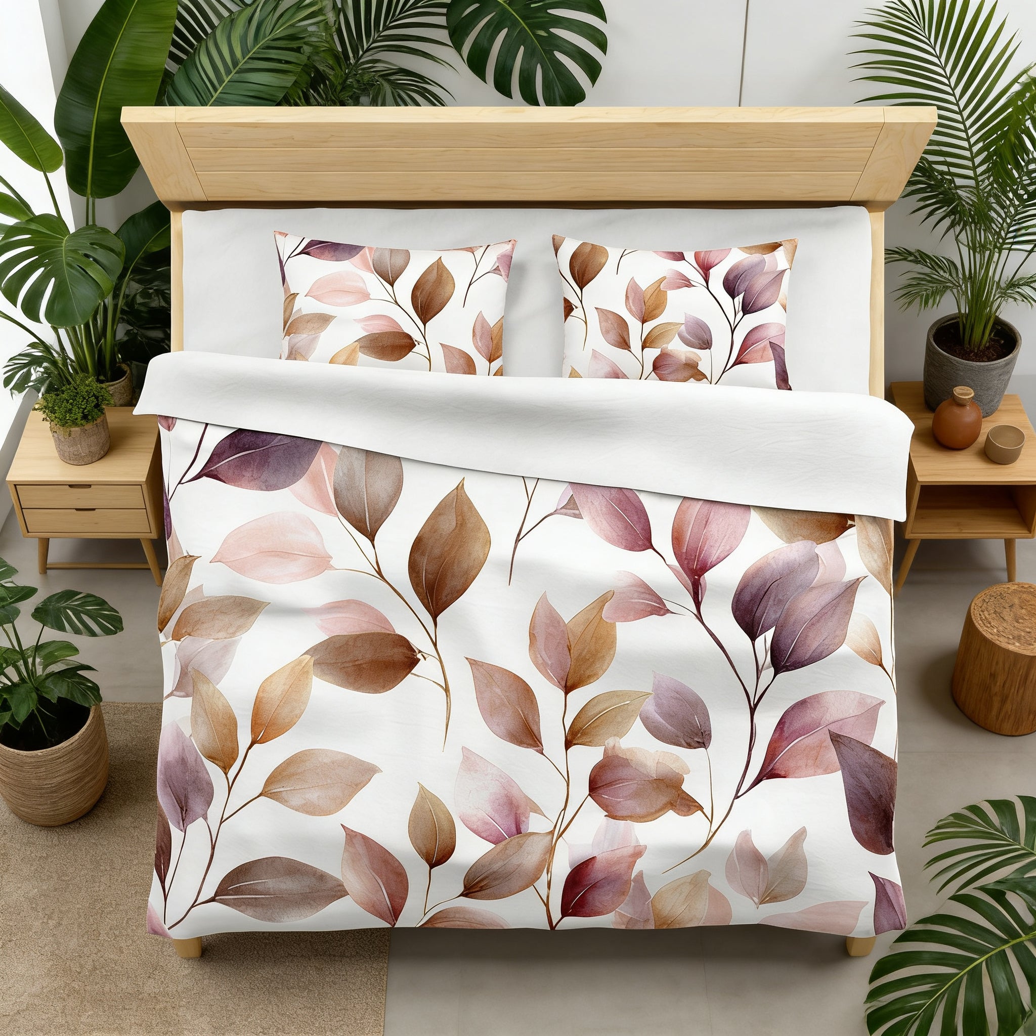 a bedroom with a bed covered in a white comforter featuring a leafy pattern in shades of brown and pink. The bed is surrounded by various potted plants, creating a lush and natural atmosphere. The room also includes a nightstand and a wooden dresser, contributing to the overall aesthetic.