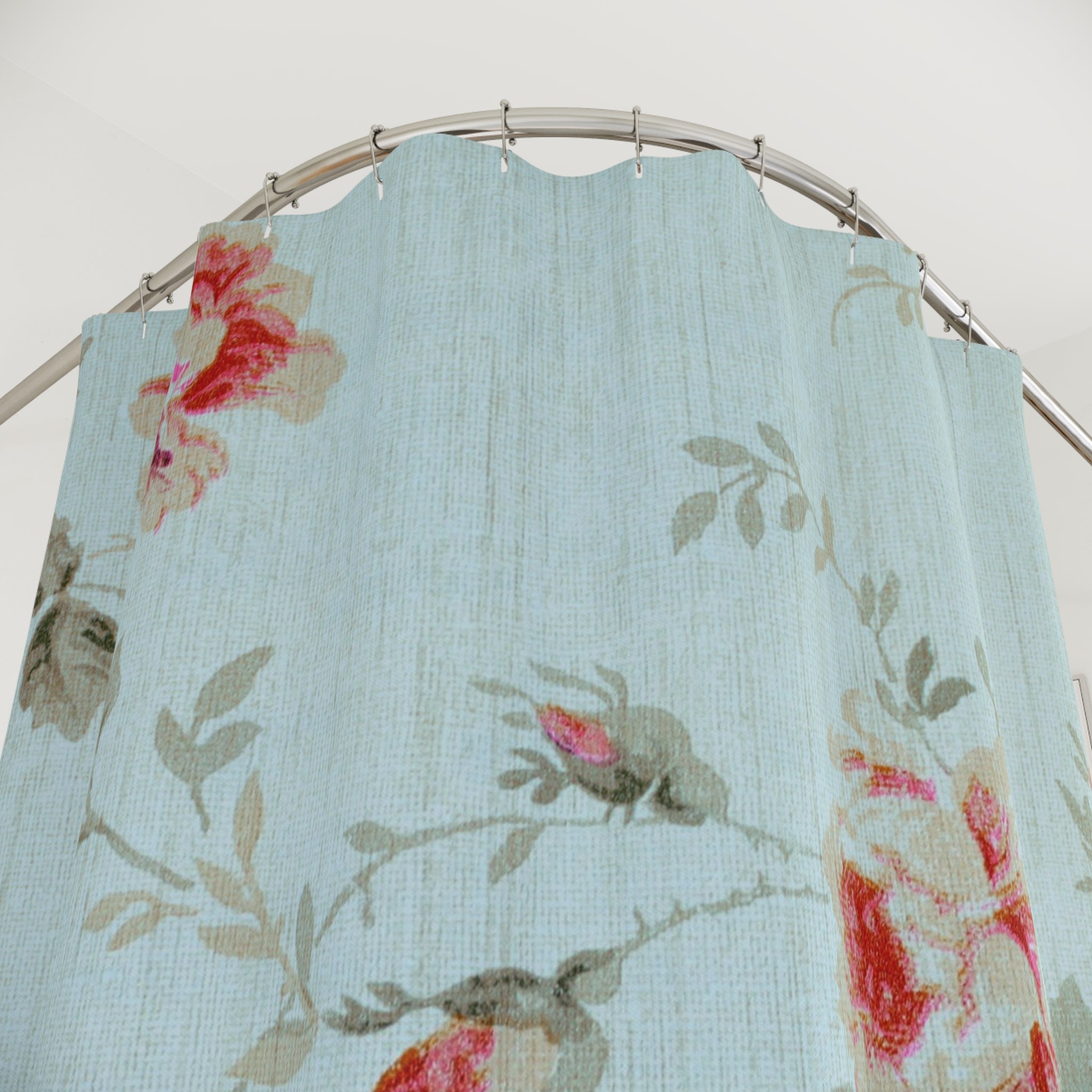 Boho Vintage Shower Curtain | Pale Blue Red Floral