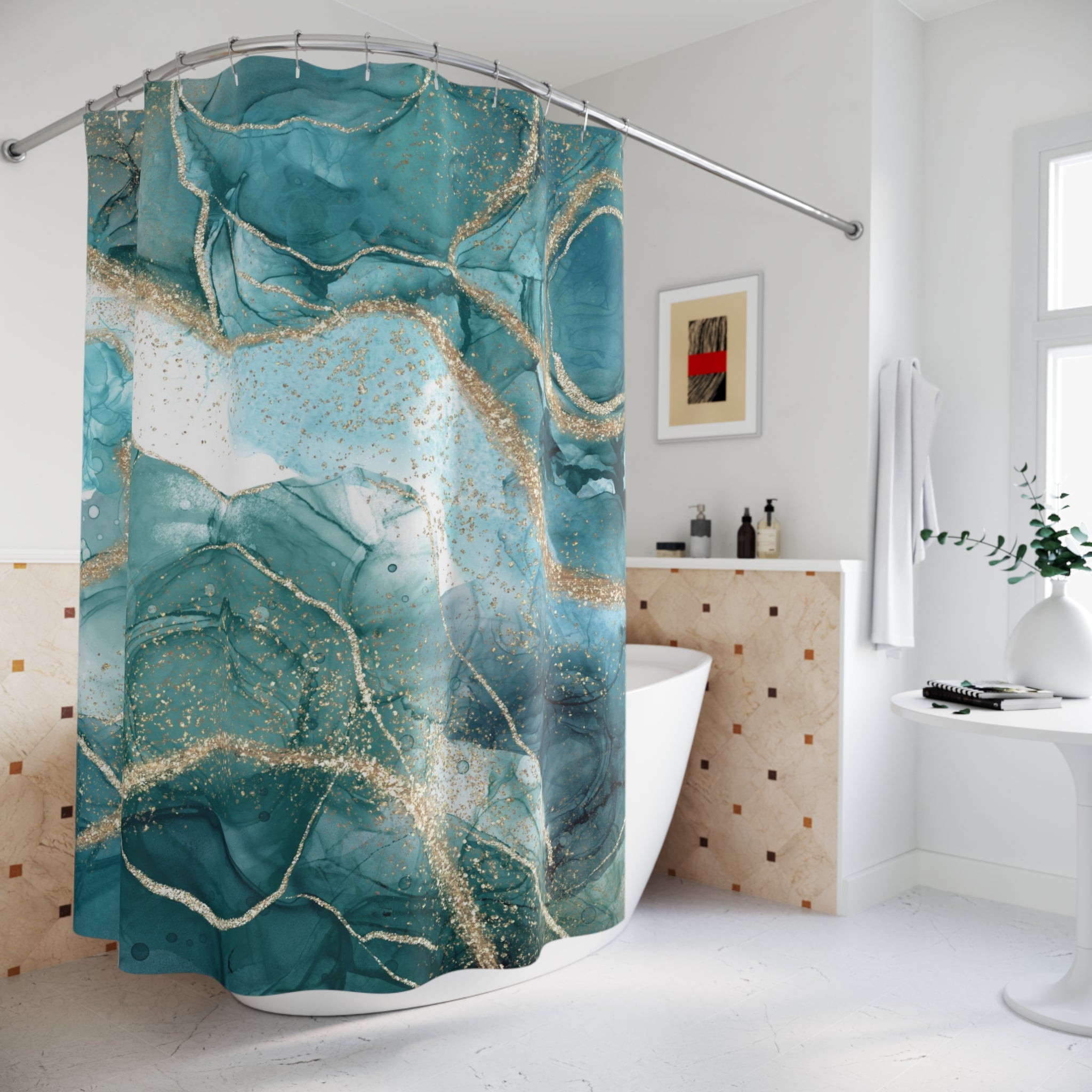 Liquid Ink Shower Curtain | Teal Non Foil Gold