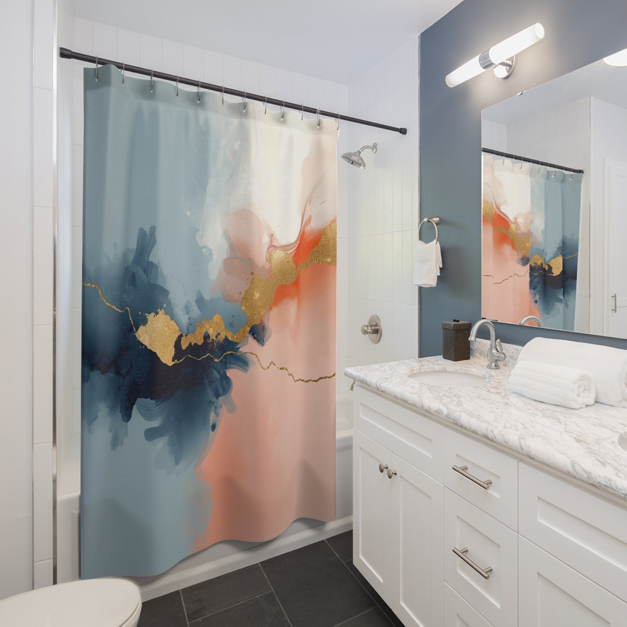 Boho Abstract Shower Curtain | Blue Orange Watercolor