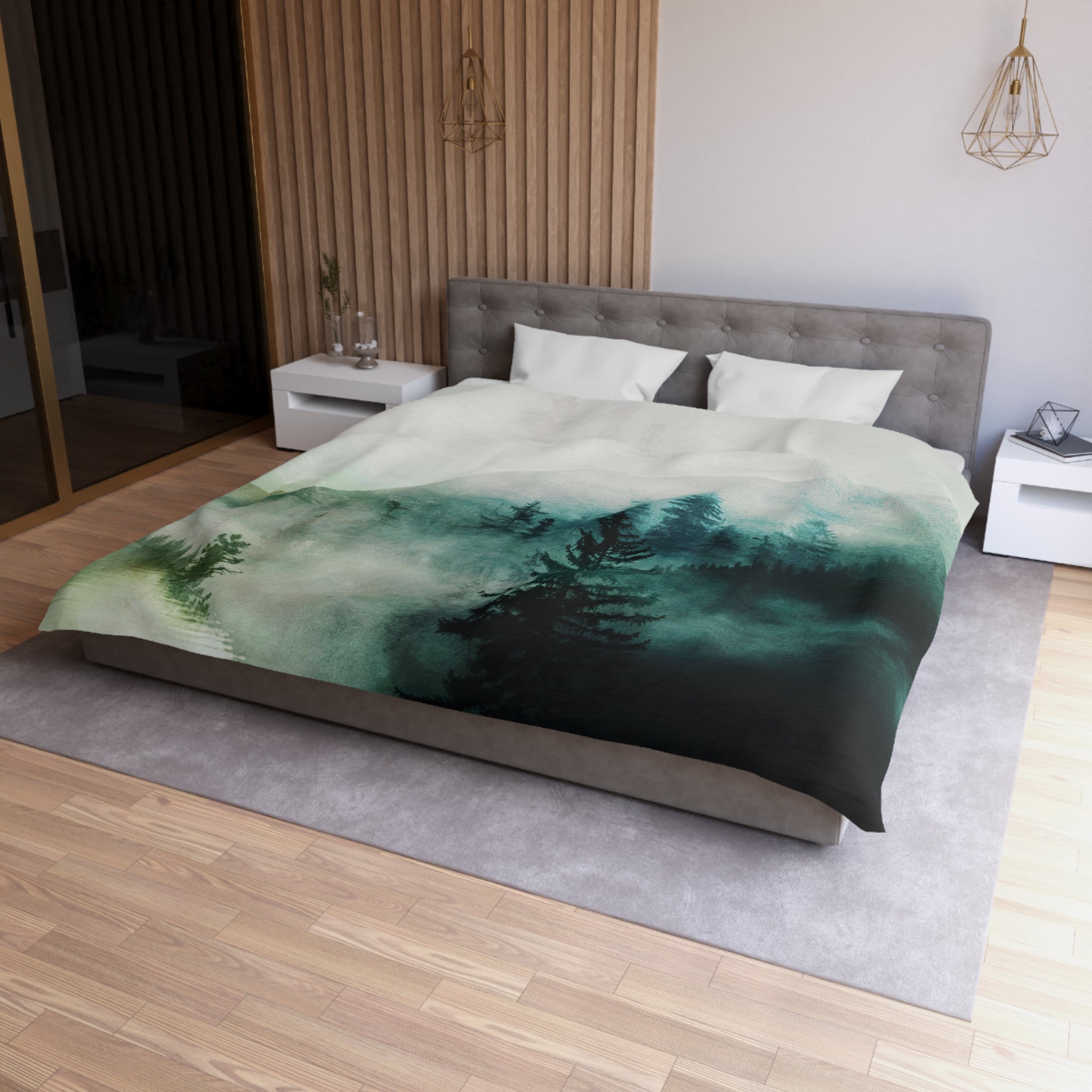 a modern bedroom with a large bed, a nightstand, and a wooden wall. The bed has a green and white comforter with a landscape design, and the room has a wooden floor and a gray rug.