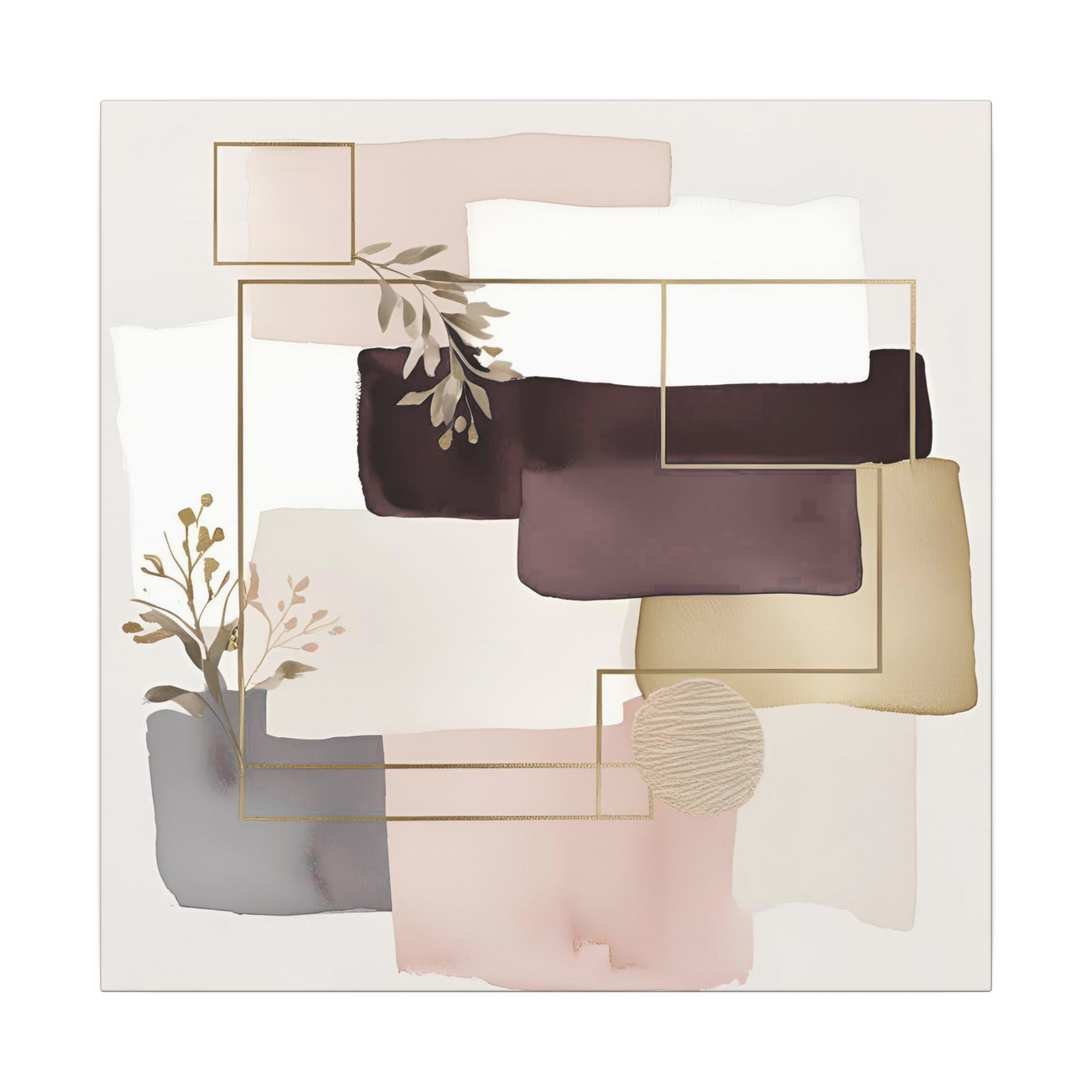 The image is a square canvas featuring abstract art with various shapes and colors, including shades of pink, white, and brown. There are also some decorative elements such as leaves and a plant.
